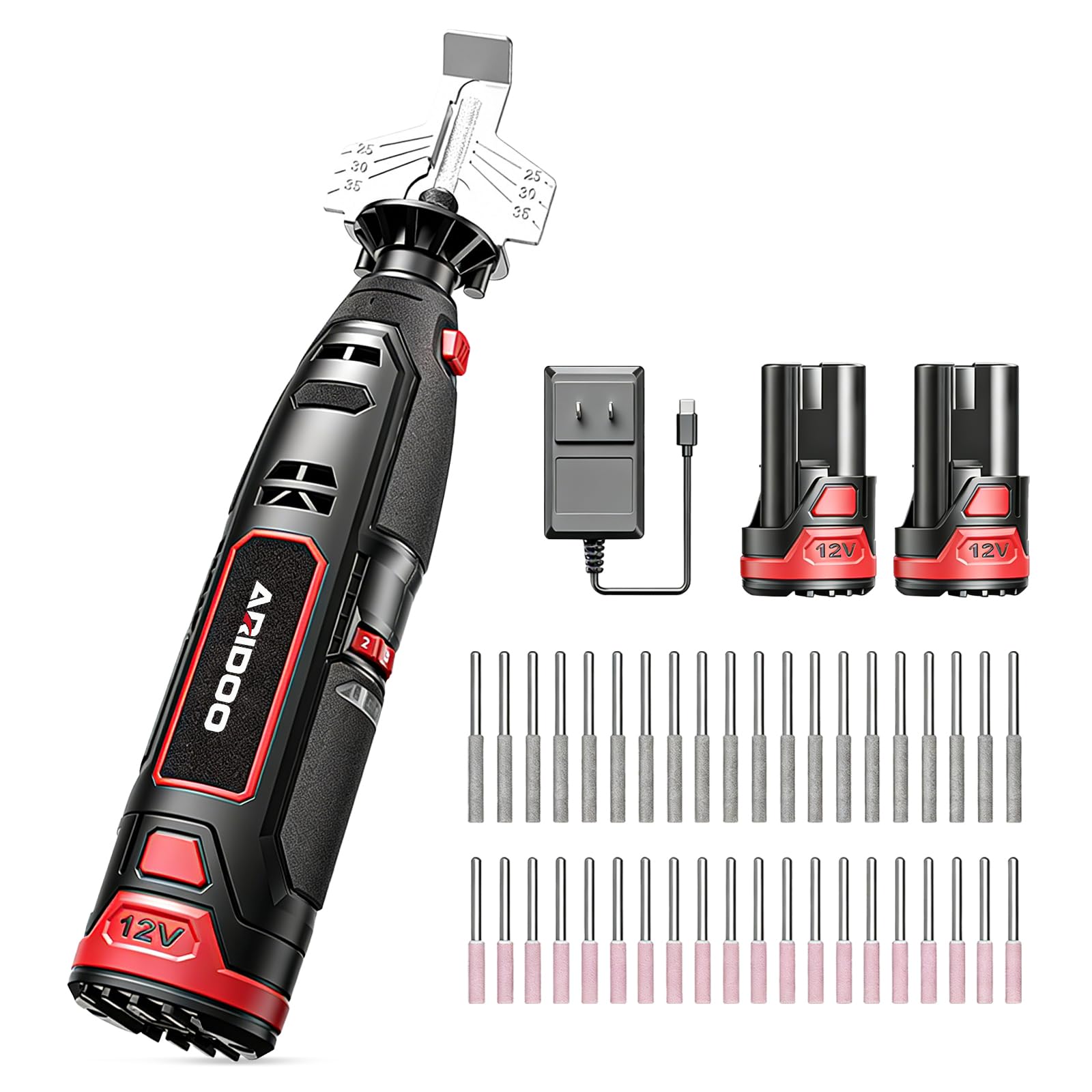 Afilador eléctrico para cadenas de motosierra, completo con 2 baterías y cargador. Alta velocidad, 20 cabezales cerámicos y 20 núcleos de diamante, válido para todas las cadenas.