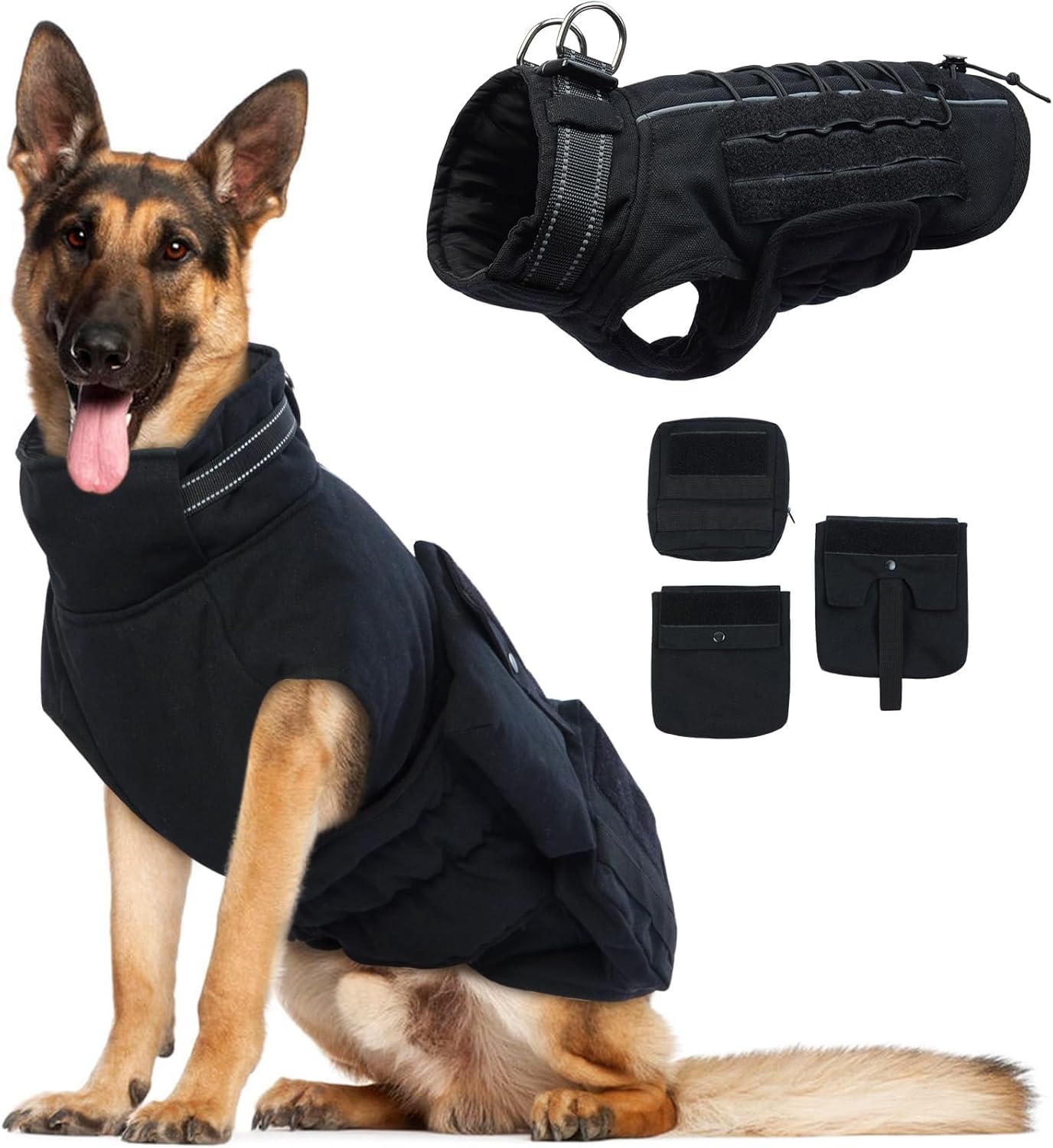 Dora Bridal Dog Winter Coat with Harness Built in, Warm Windproof Reflective Dogs Jacket for Extra Large Dogs, Pet Vest with Molle Panels and 3 Pouches for Male Dog, Black, 3XL