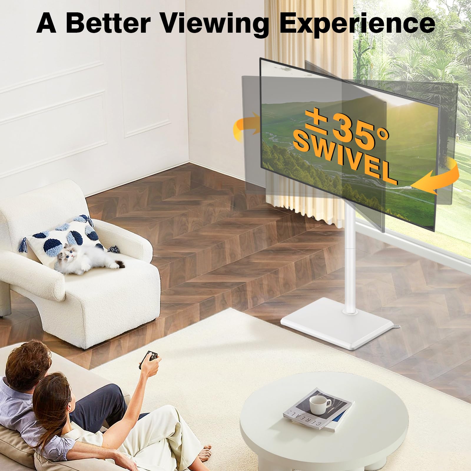 TVON Supporto TV da pavimento con supporto per la maggior parte dei televisori piatti/curvi da 32-60 pollici fino a 39,9 kg, supporto TV regolabile in altezza con base in legno, supporto girevole per