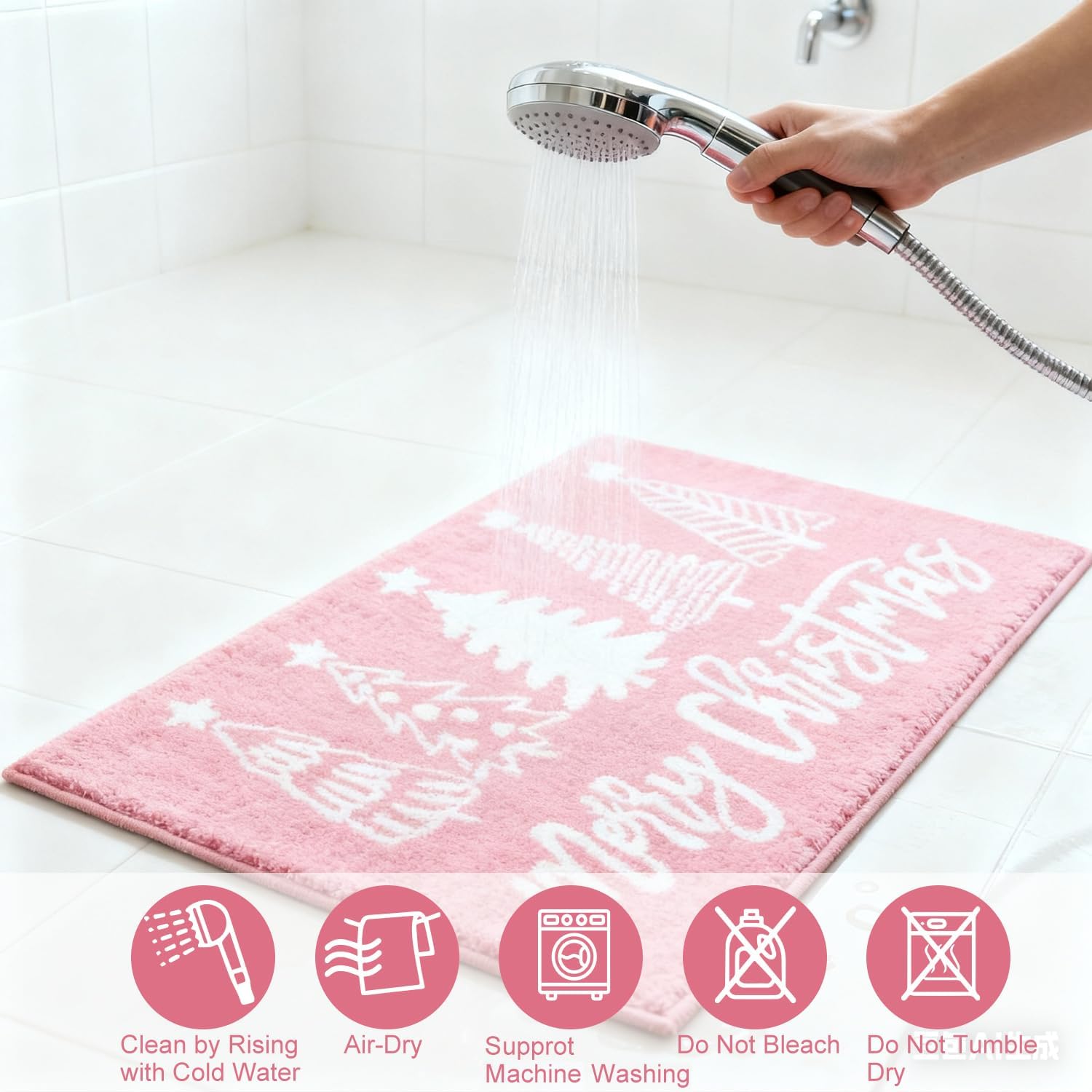 Christmas Tree Bathroom Rugs, Pink Pine Tree Soft Absorbent Bath Mat, Non Slip Merry Christmas Shower Mat for Bathroom Decorations, 20" x 32"