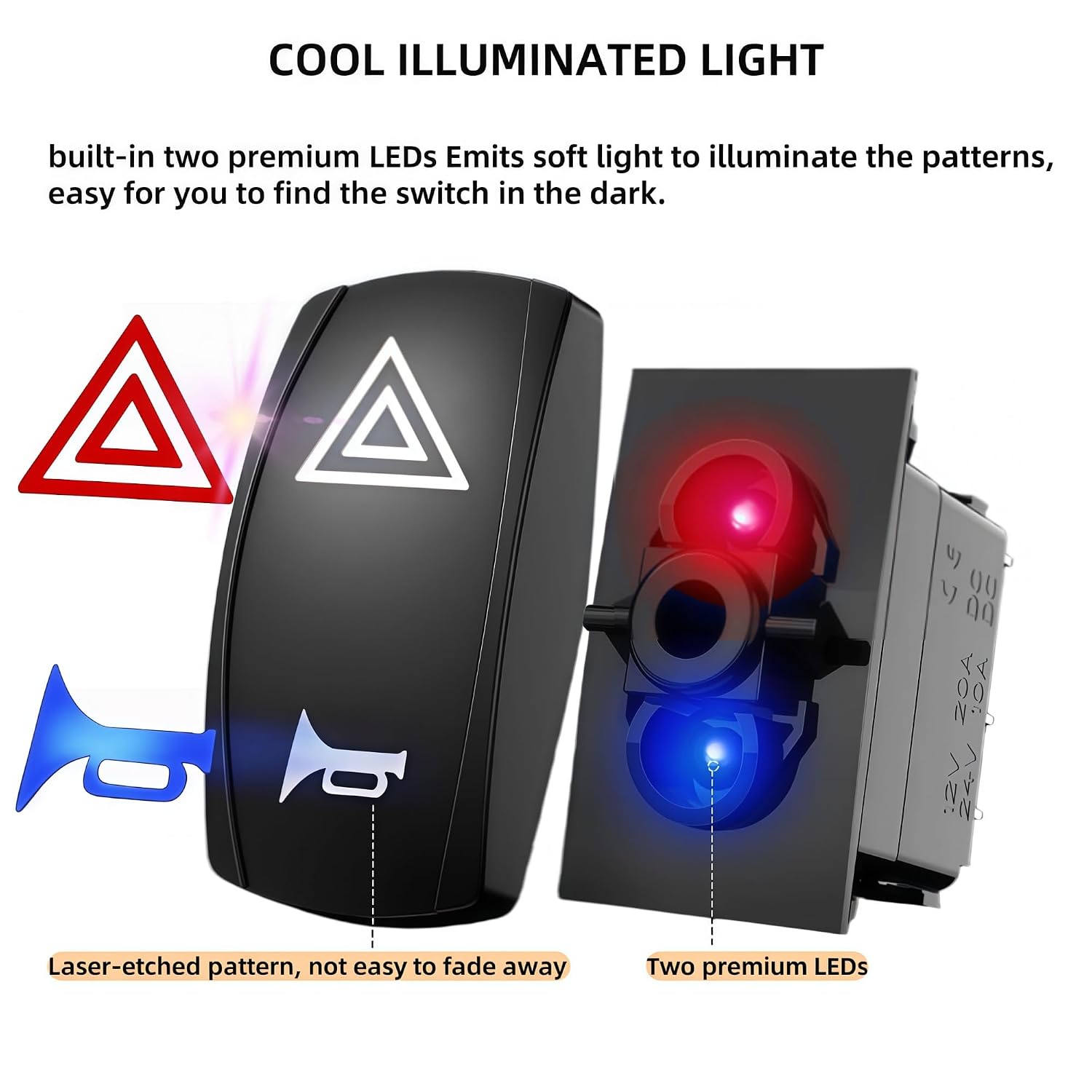 Hazard Warning & Horn Rocker Switch 20A/12V, Marine Boat 5 Pin SPST ON-Off-(ON) Momentary Latching Toggle Switch, Laser Etched Car Horn & Warning Light Switch with LED for ATV UTV Polaris RZR Can-Am