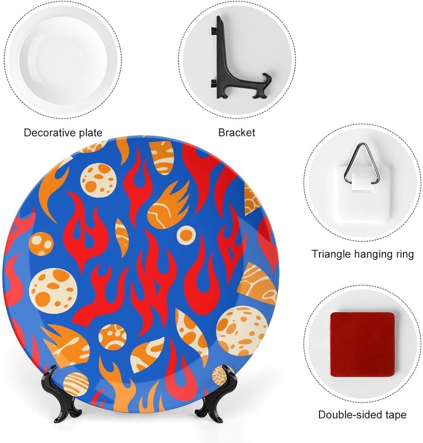 Blue Red Flame Decorative Plates Bone China Plates with Stand for Display 10inch Round Ceramic Dinner Plates Dessert Plate for Kitchen Party Coffee Table Decor Art