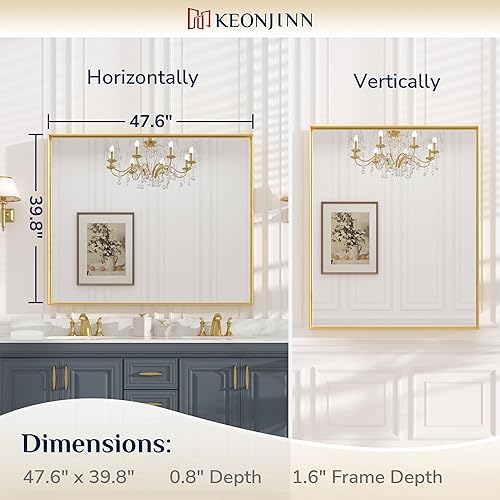 Miniatura 195 de Keonjinn Espejo de baño dorado de 48 x 36 pulgadas, espejo rectangular con marco de metal dorado cepillado, espejo de pared grande rectangular