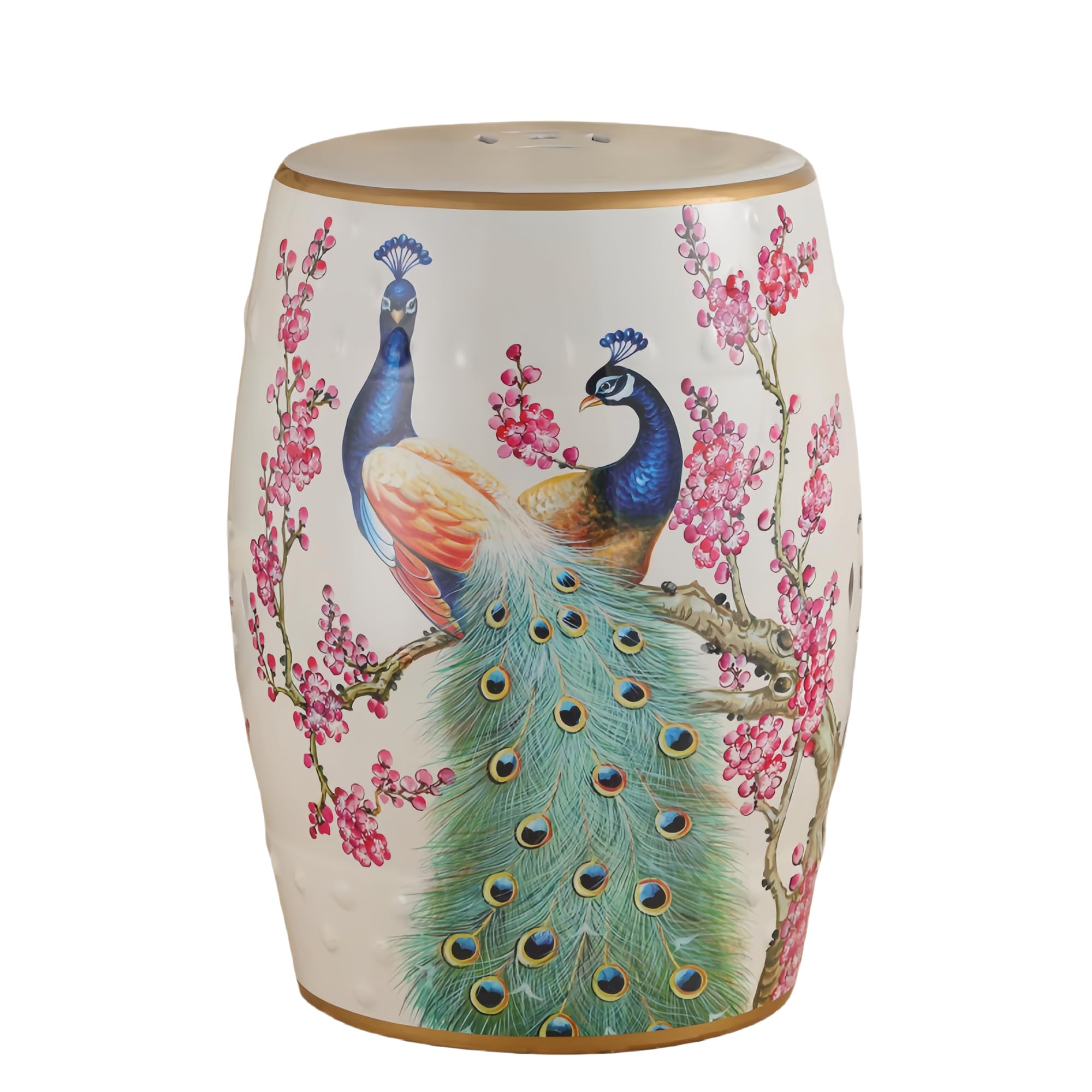 HYFANIYH Decorative Ceramic Garden Stool, Glazed Hollow Peacocks Paintings Drum Stool, Suitable for Living Room, Patio, Garden, Balcony (White)