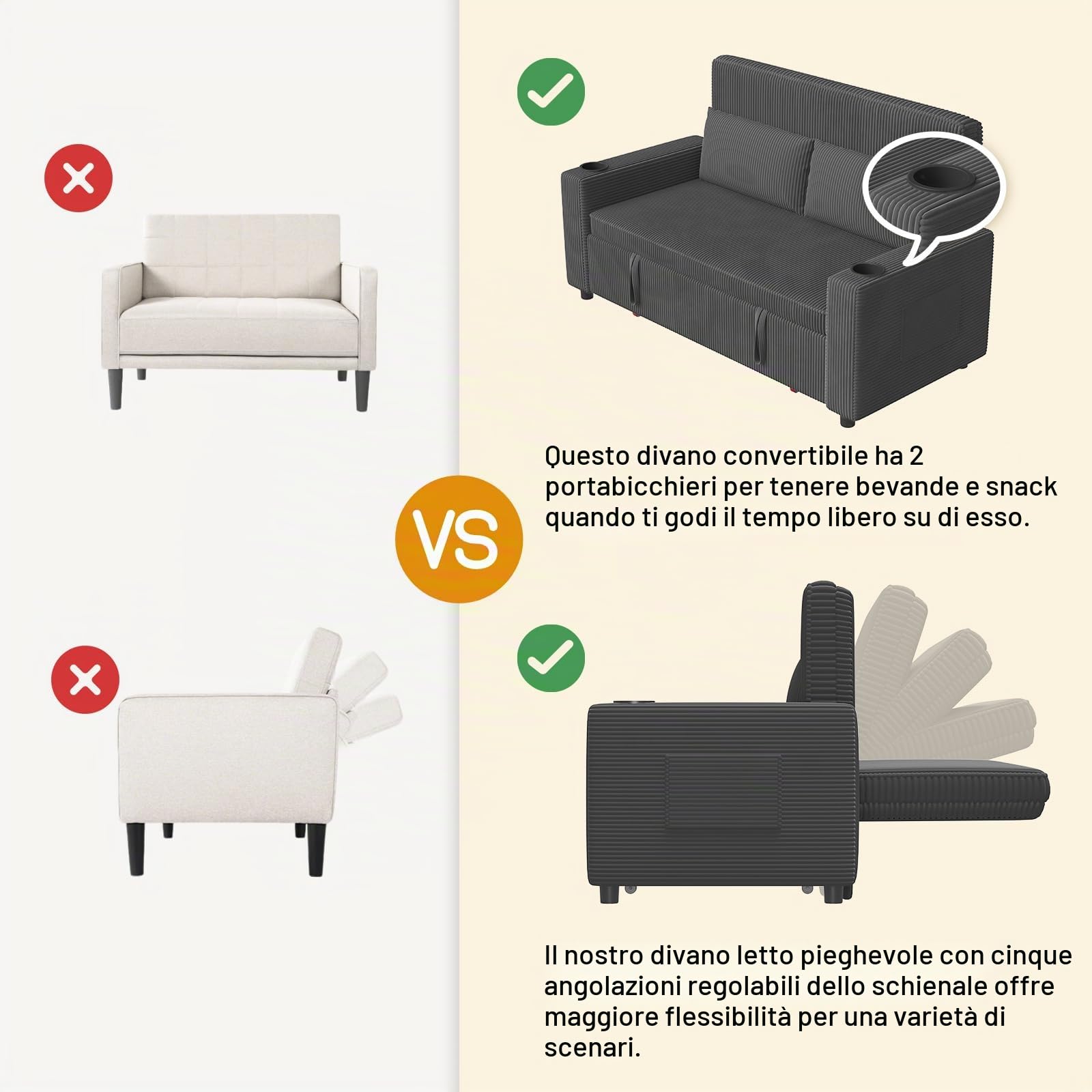 Devoko Divano Letto 2 Posti in Velluto Divano Matrimoniale Prontoletto Estraibile con Schienale Regolabile in 5 Posizioni per Soggiorno, Camera da Letto o Ufficio, 75P x 160L x 93H cm, Grigio