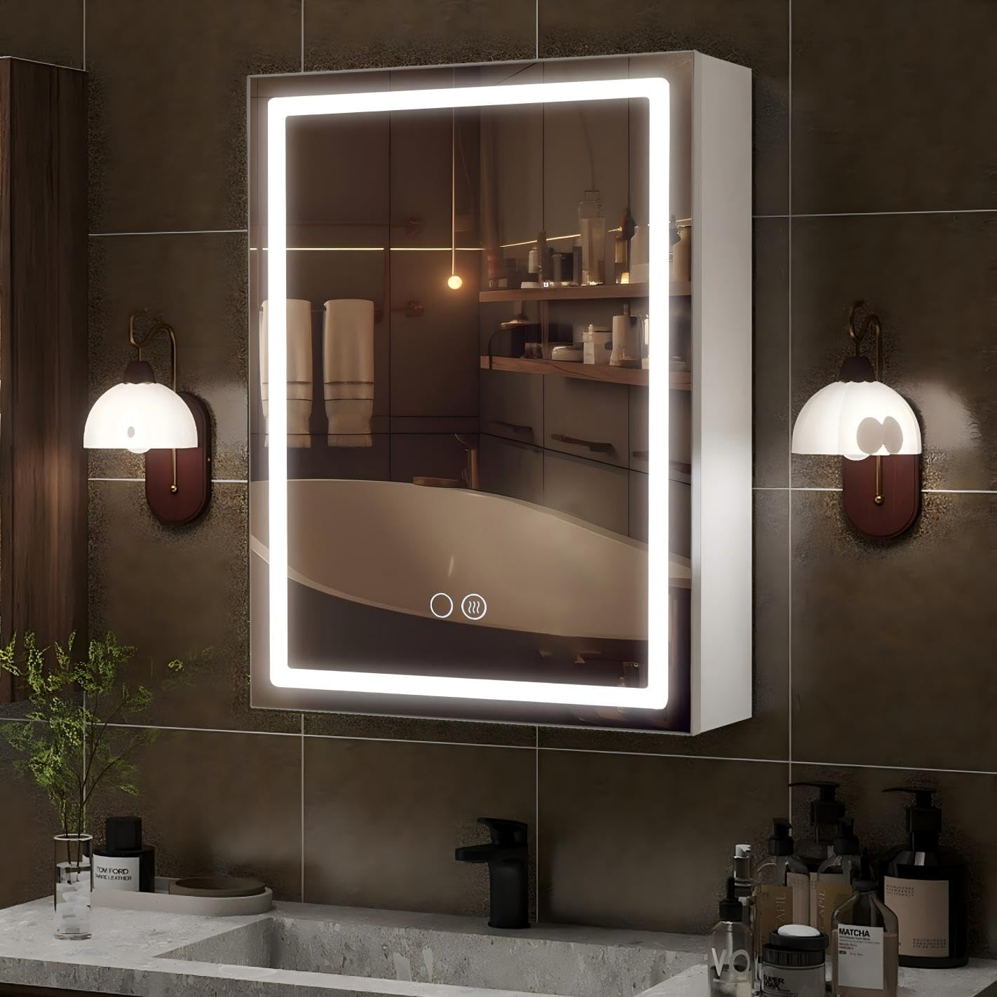 YU YUSING Badezimmer Spiegelschrank mit Beleuchtung Aluminium 50x70cm, LED Badezimmerschrank mit Spiegel 2 Steckdosen 3 Ablage, 3 Farbtemperatur Dimmbare, Beschlagfrei, Hängeschrank Badschrank