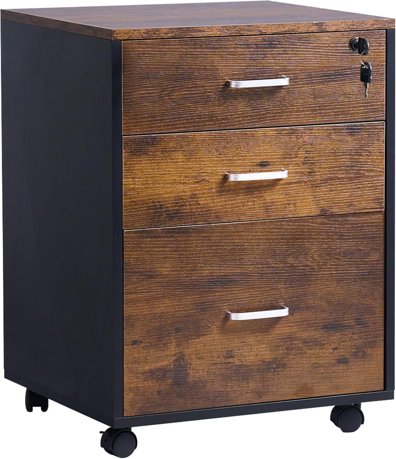 SDHYL Abschließbarer Aktenschrank mit 3 Schubladen Mobile Kommode Büroschrank auf Rollen Industriestil Braun/Schwarz