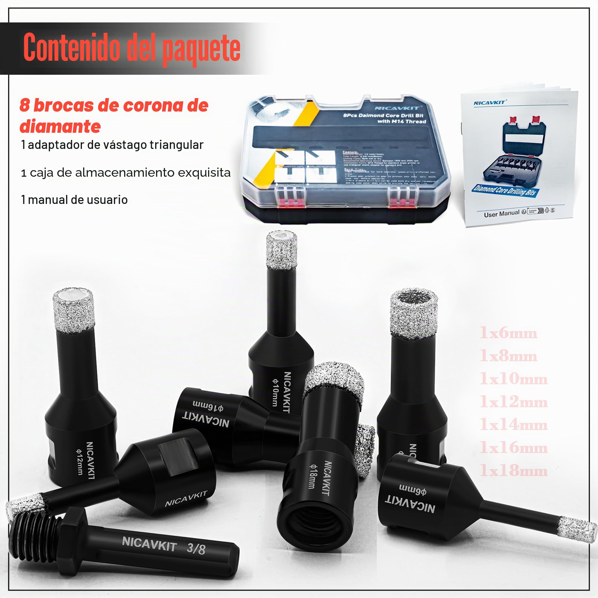 8Pcs Brocas de Diamante para Azulejos Con Adaptador M14, Sierra Perforadora 6/8/10/12/14/16/18 mm, Juego de Taladro para Porcelana, Azulejos, Granito