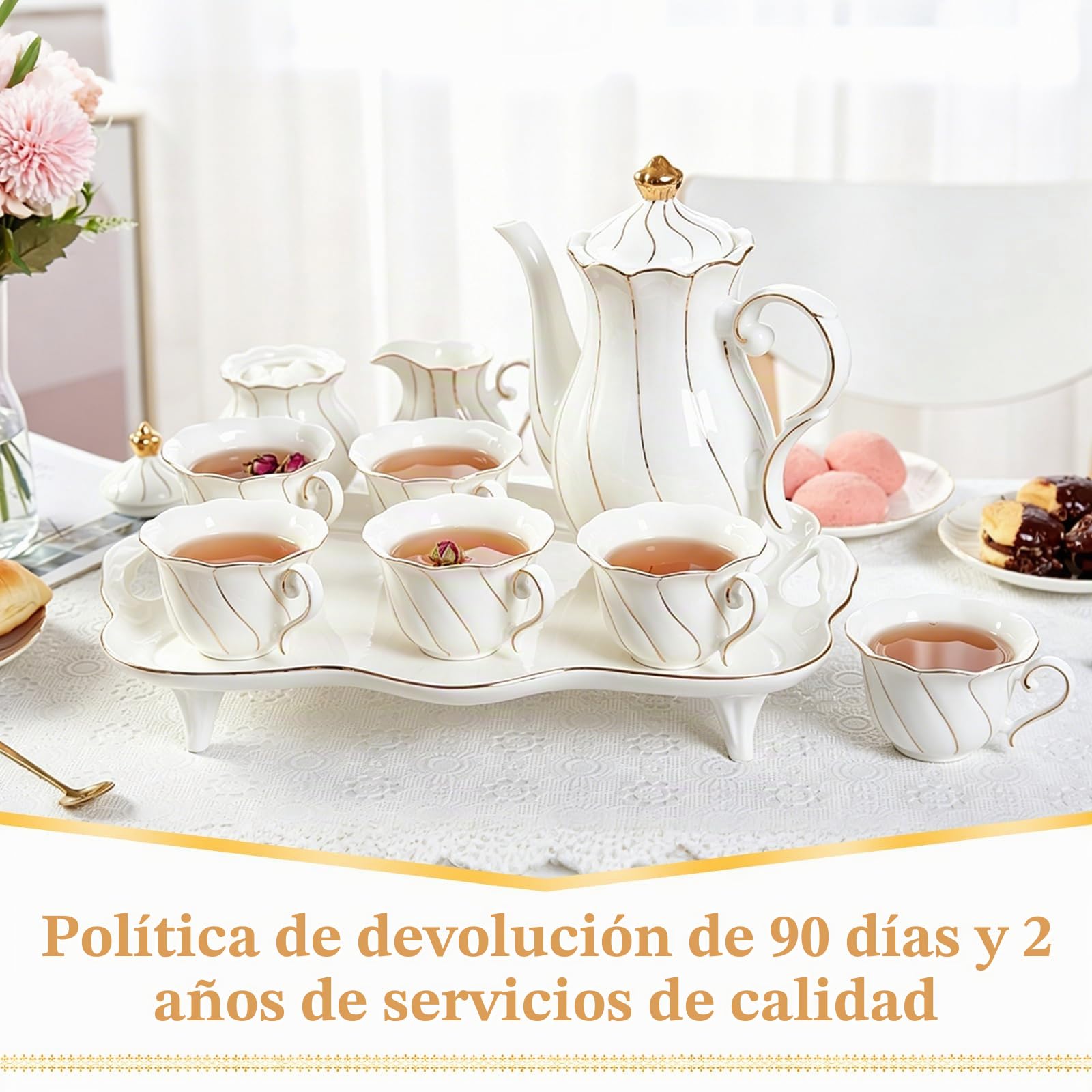 DUJUST Juego de 14 piezas de té con bandeja de té y cucharas, juego de tazas de té y café con diseño de diamante moderno con adornos dorados, decoración de sala de estar de porcelana