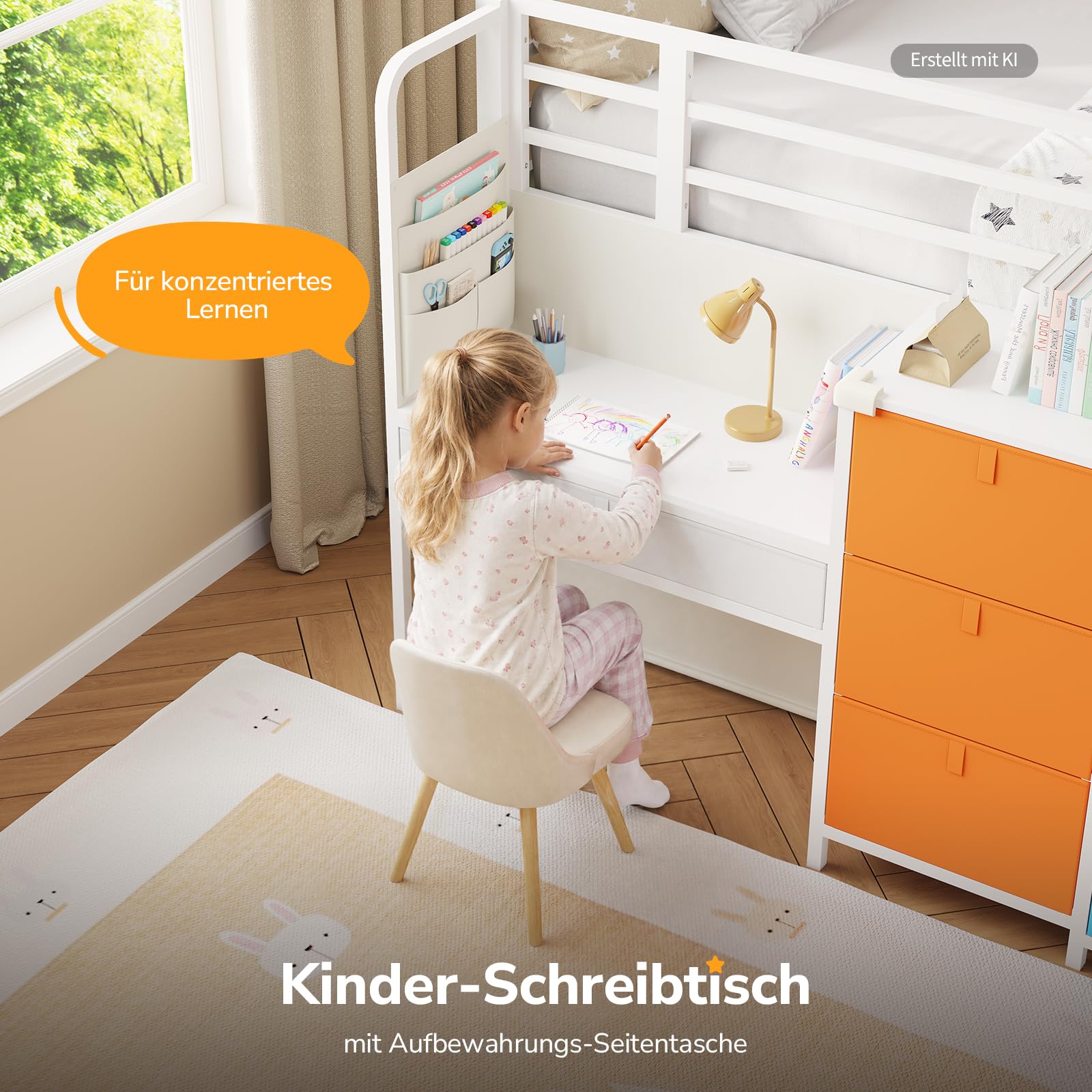 Kinderhochbett 90x200,Weiß+Gelb+Blau | LED-Licht, Schreibtisch, Stauraum, Spielhöhle. 4-in-1: Schlafen, Lernen, Stauraum, Spielen