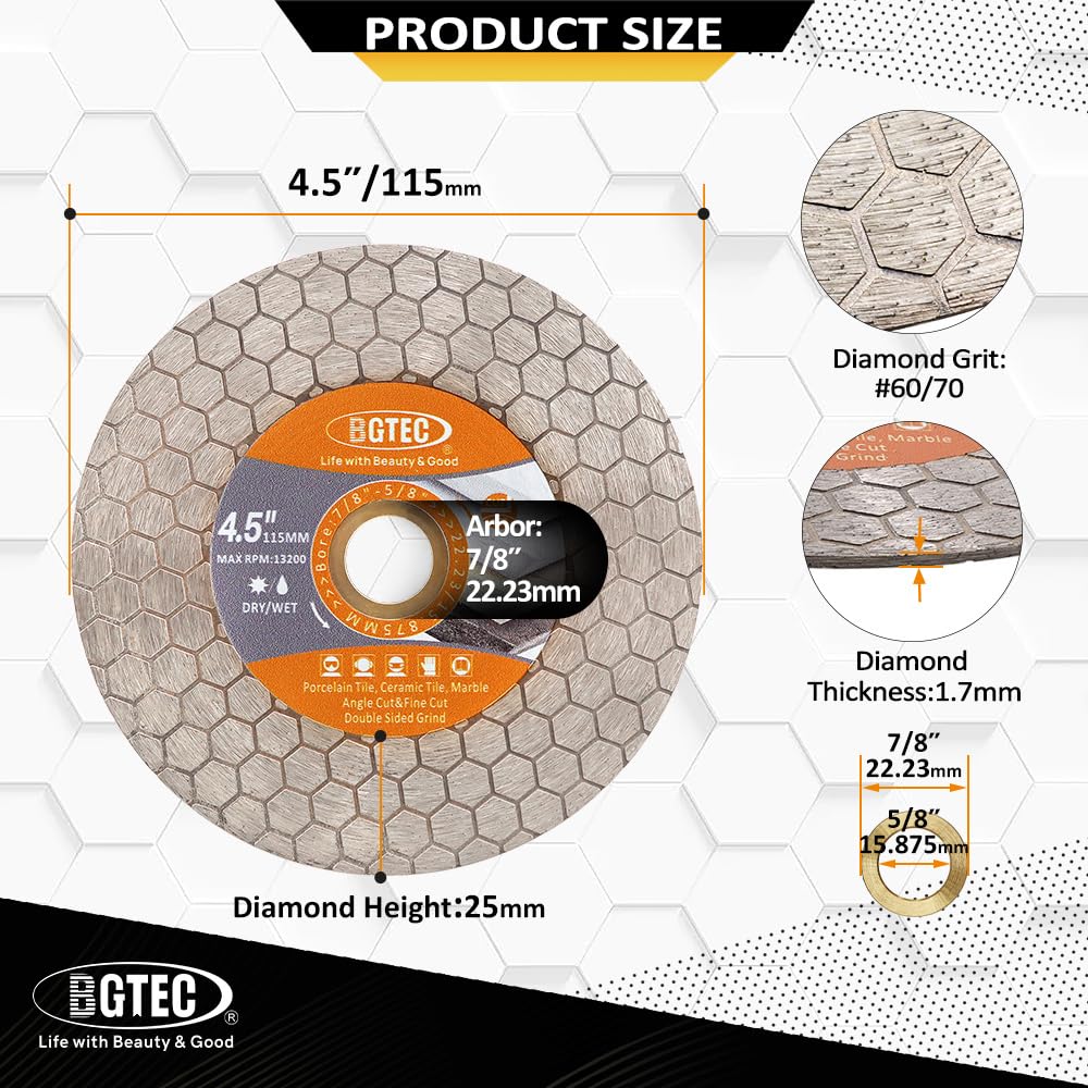 BGTEC Ostrza do piły diamentowej, koło odcinające 115 mm do płytek ceramicznych, płytek porcelanowych, marmuru, sztucznego kamienia, sześciokątne dwustronne, 2 szt