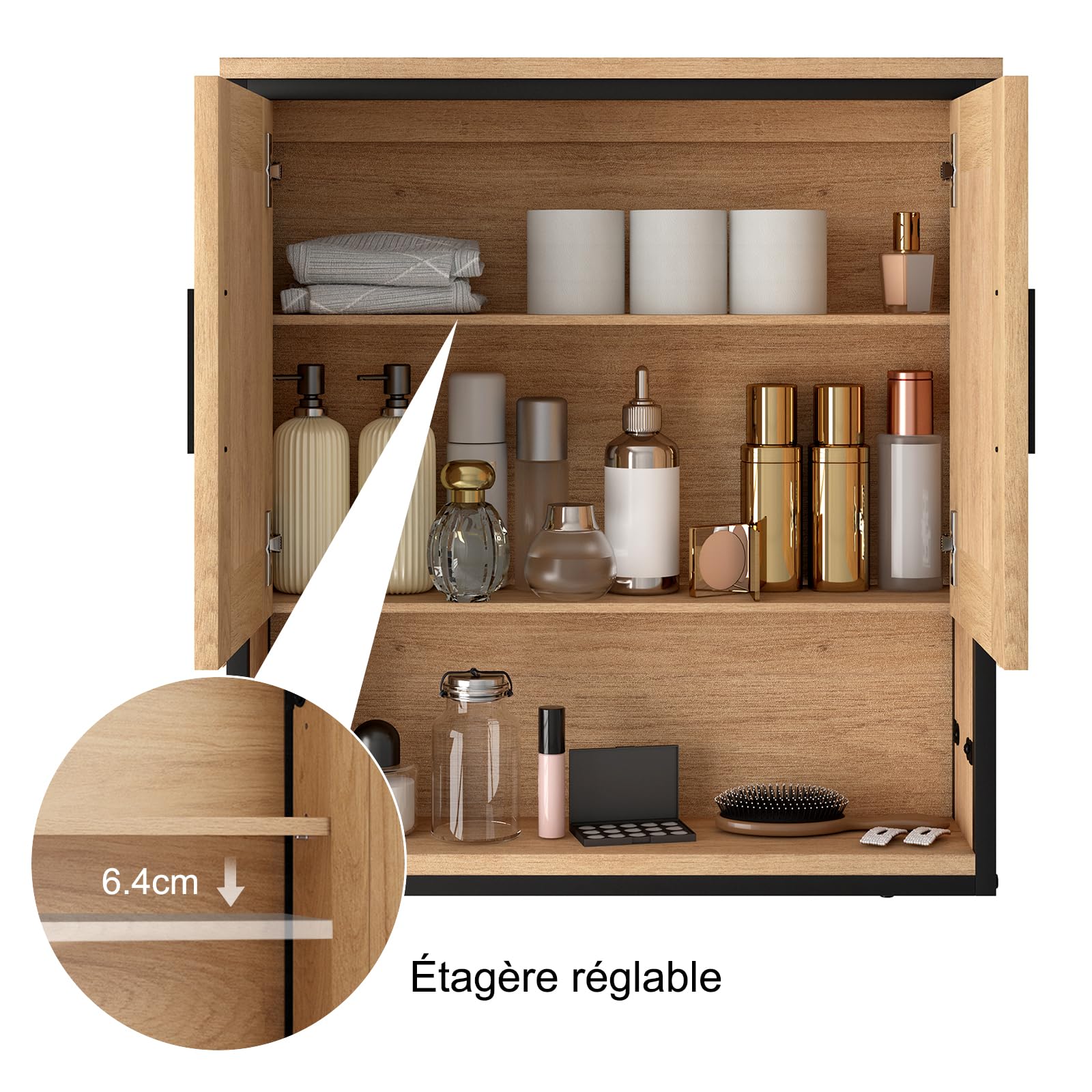 EUGAD Meuble Salle de Bain Mural avec Miroirs, Placard WC avec 2 Portes, 1 Étagère Réglable et 1 Compartiment Ouvert, en Bois d'Ingénierie + Métal, Chêne Clair+Noir, 56x13x60 cm