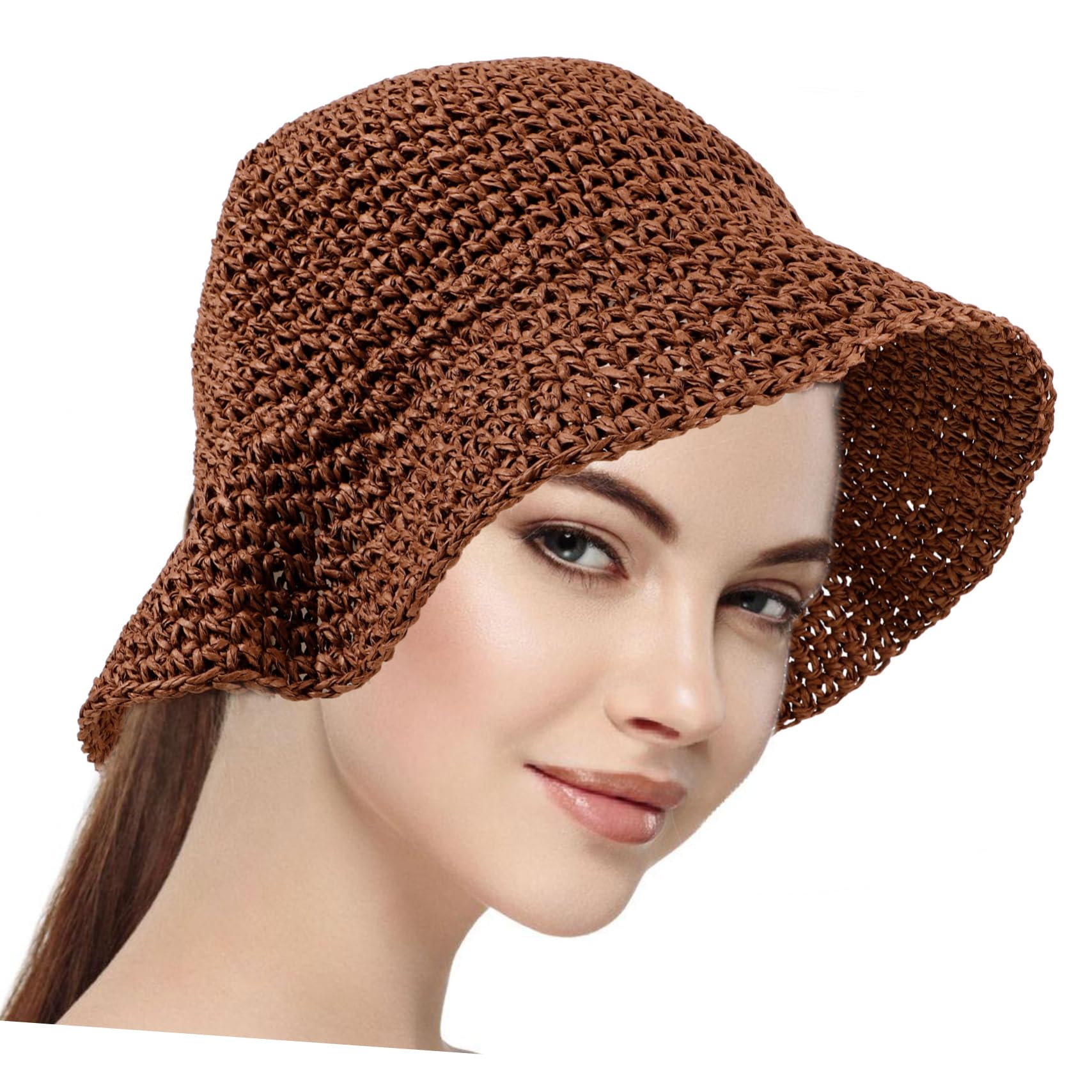 5 Pz Cappello di Paglia Intrecciato Cappello a Secchiello per Feste in Spiaggia da con Protezione Solare Estivo di Tessitura Papiro Brown