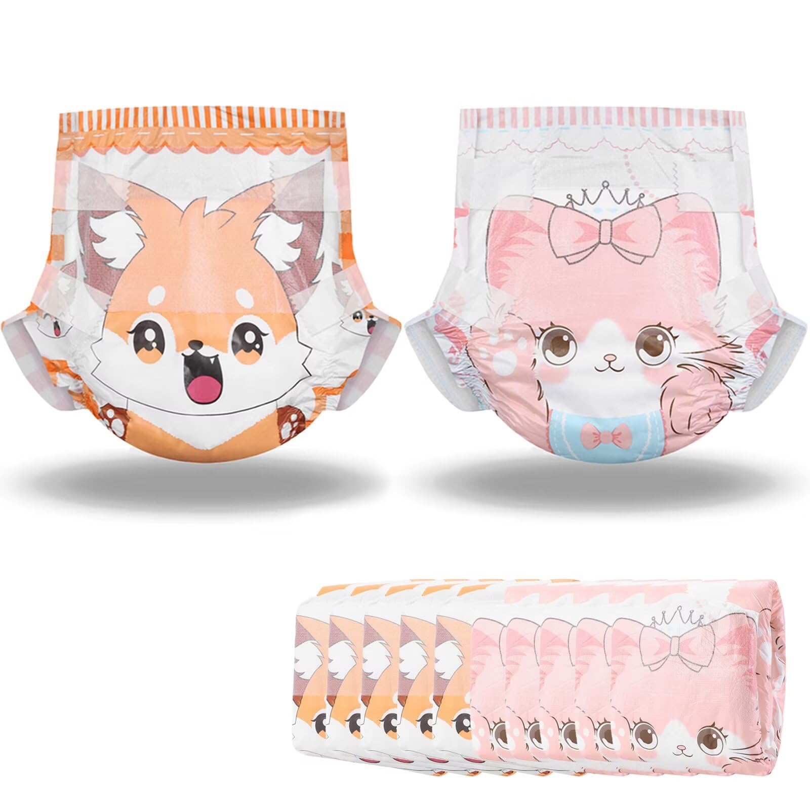 Landofgenie Adult Printed Diapers 10 Pieces, Adjustable Hook-and-Loop Closure, Soft Comfort & Leak Protection - Fox & Cat (36-46 inch)