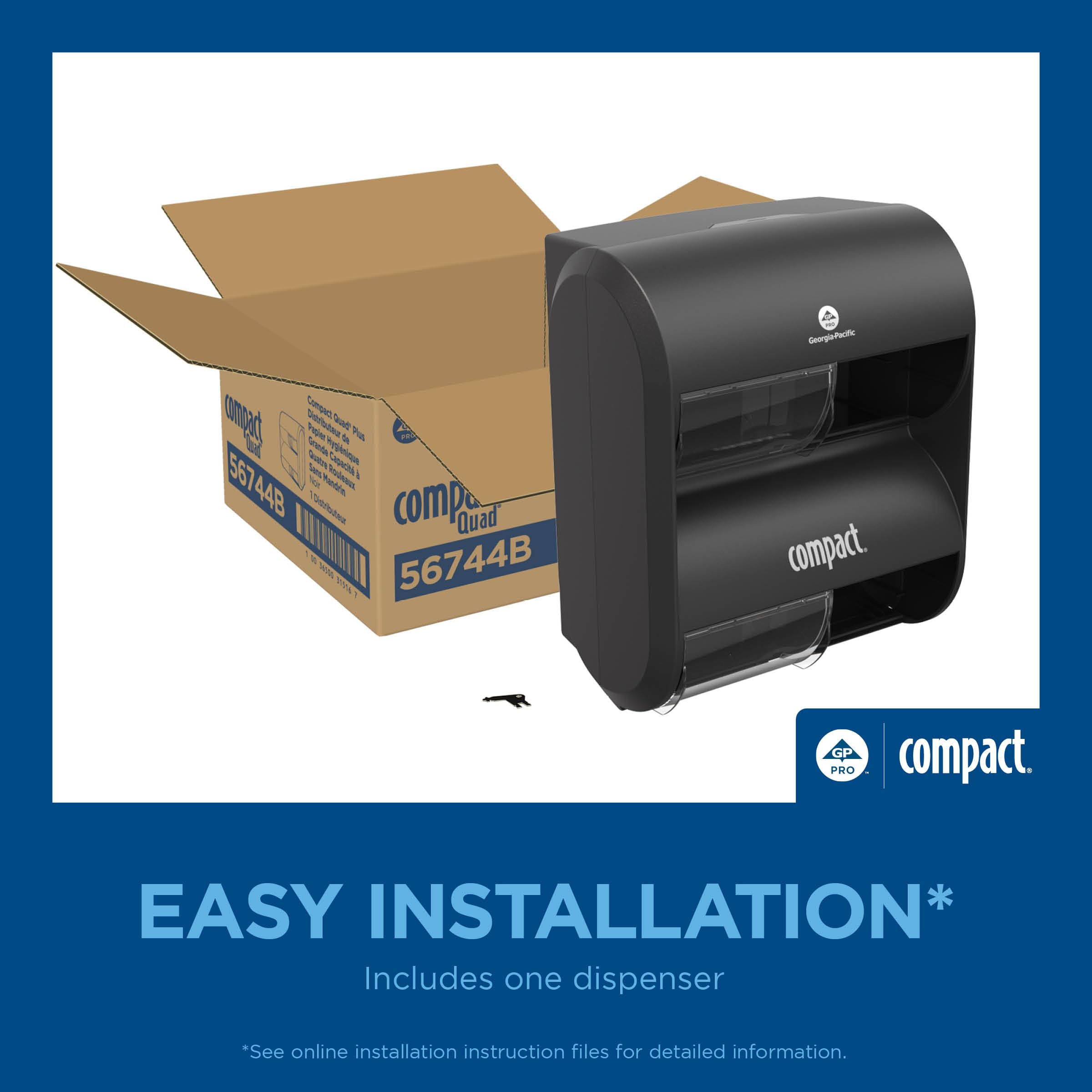 COMPACT® Dispensador de Papel higiénico Quad Plus sin núcleo de Alta Capacidad de 4 Rollos, Negro, 1 dispensador