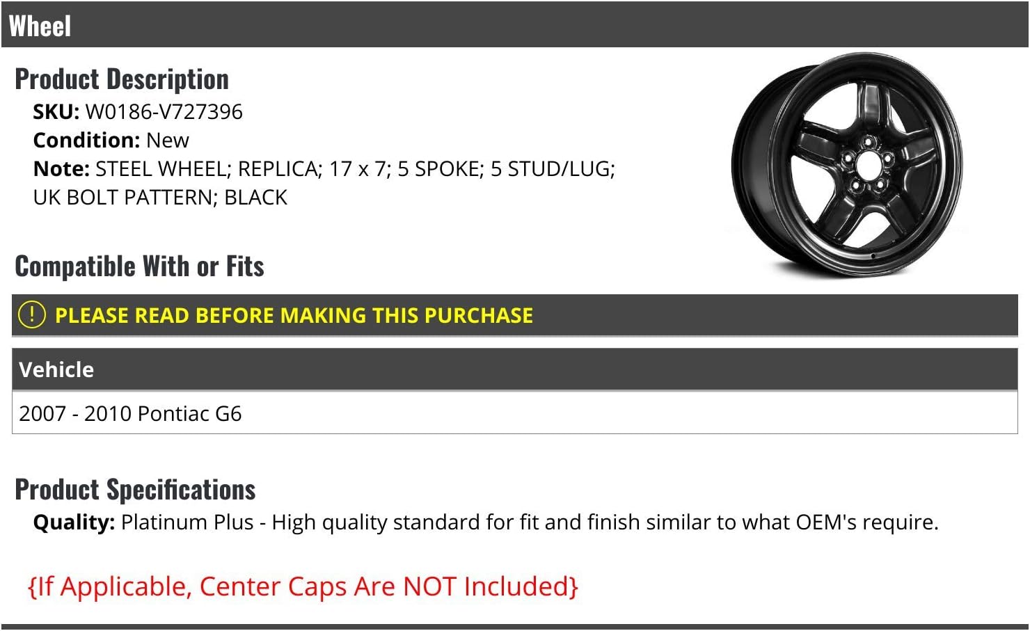 Marketplace Auto Parts, Steel Wheel - Black, 17 x 7 Inch - Compatible with 2007-2010 Pontiac G6