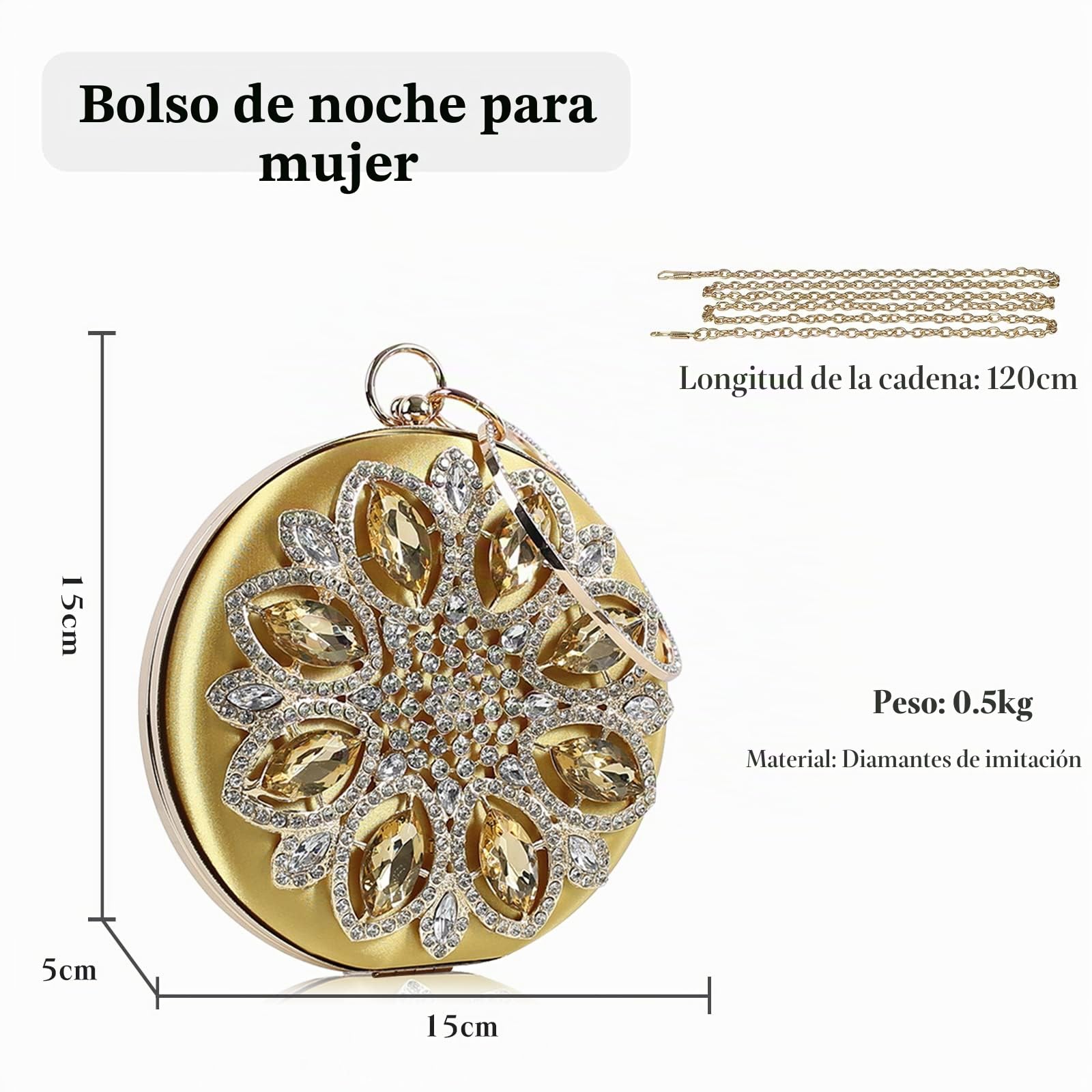 Bolso de Fiesta para Mujer Diamantes de Imitación Clutch Redonda Cartera de Mano Bolsos Bandolera Elegante Bolso de Hombro Bolso de Noche para Fiesta de Graduación Boda Banquete Oro