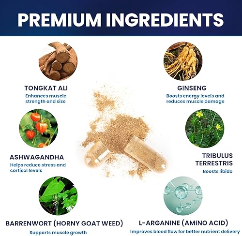 Miniatura 3 de Potenciador de testosterona para hombres con Ashwagandha, L-Arginina, Tongkat Ali, Tribulus, suplemento natural de testosterona para hombres,