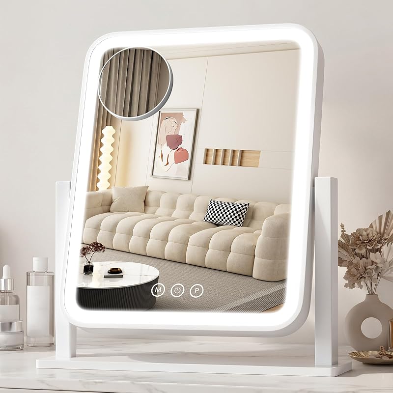 Espelho de mesa Bearolve com iluminação LED, 3 modos de luz, controle por toque, moldura de alumínio, branco