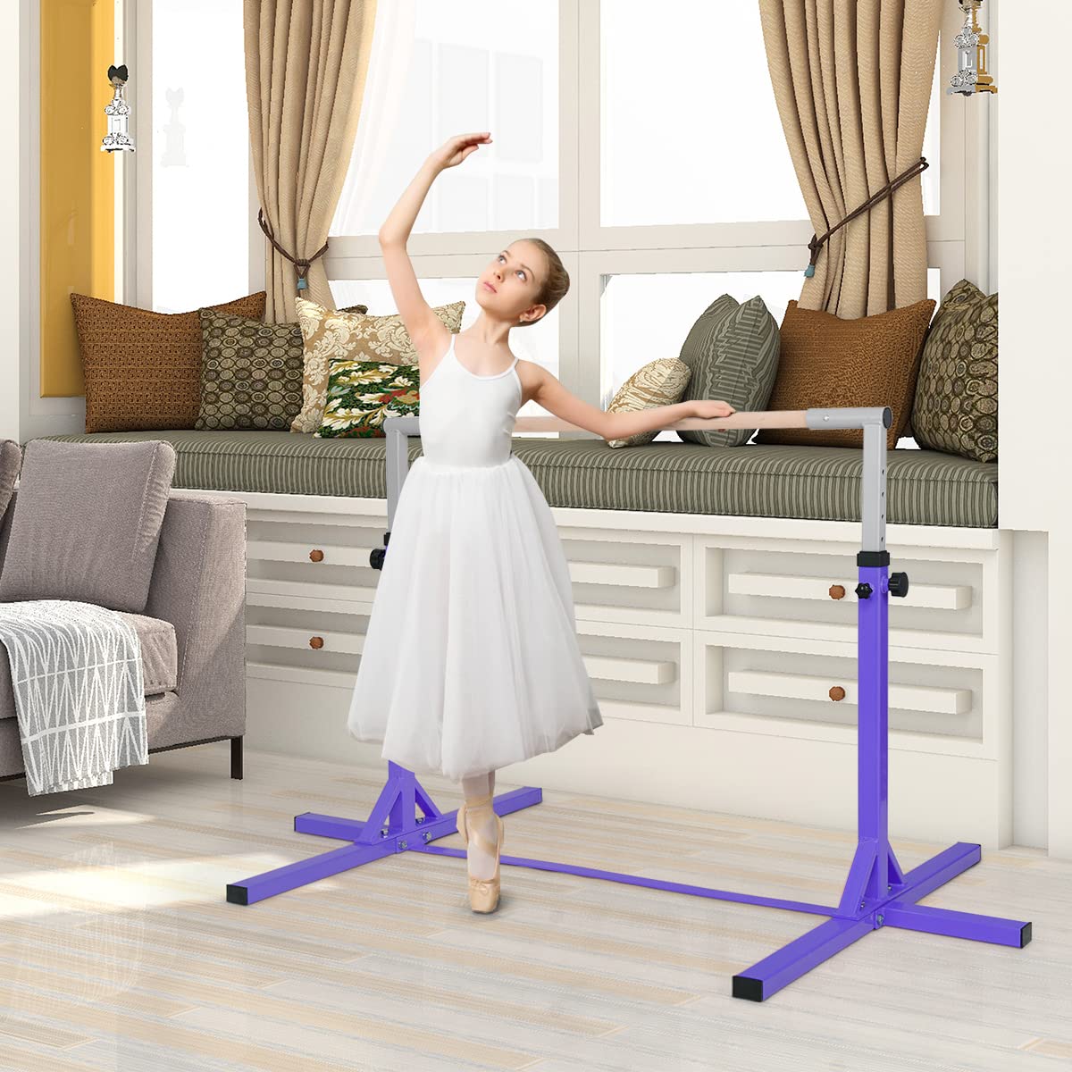 DREAMADE Gymnastik Turnreck Kinder, Reck Indoor, Reckstange Höhenverstellbar 12 Stufen, Reck Stange zum Turnen für Kinder Mädchen Jugendliche, Trainingsgerät bis 100 kg
