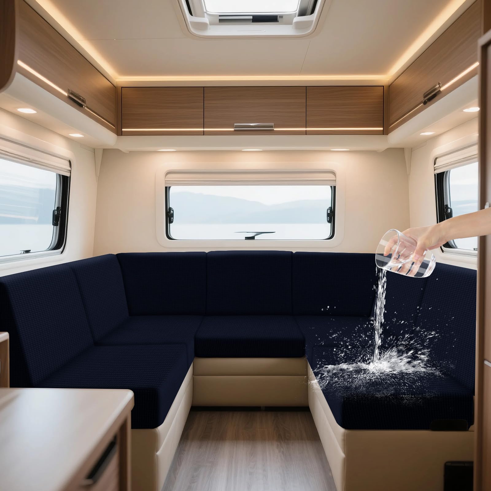 ZYBSLCSY Waterproof Caravan Seat Covers and Backrest Covers, Non-Slip Motorhome Slipcovers with 4 Straps, Jacquard Stretch RV Sofa Covers (Navy Blue,W 150-190cm,D 50-70cm) — image 1