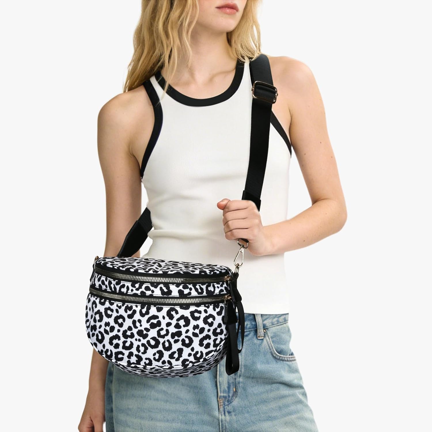 Leopard Purse,Leopard Print Bum Bags for Women Crossbody Spacious Waist Bag Fanny Packs Crossbody Bag 2025(Black+White) - Image 2