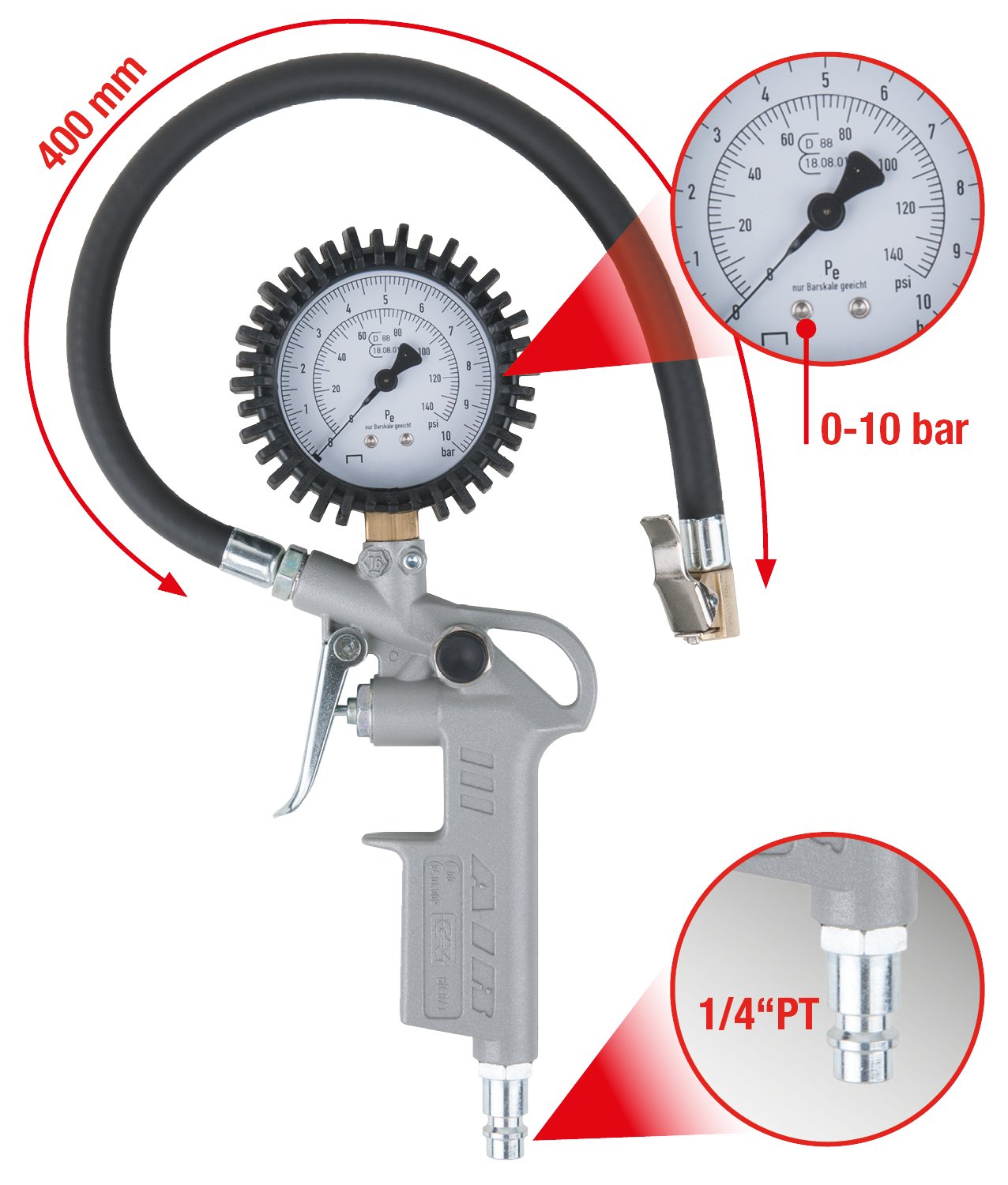 KS Tools 515.1960 Misuratore di Pressione Gomme, Tarato 0-10 Bar
