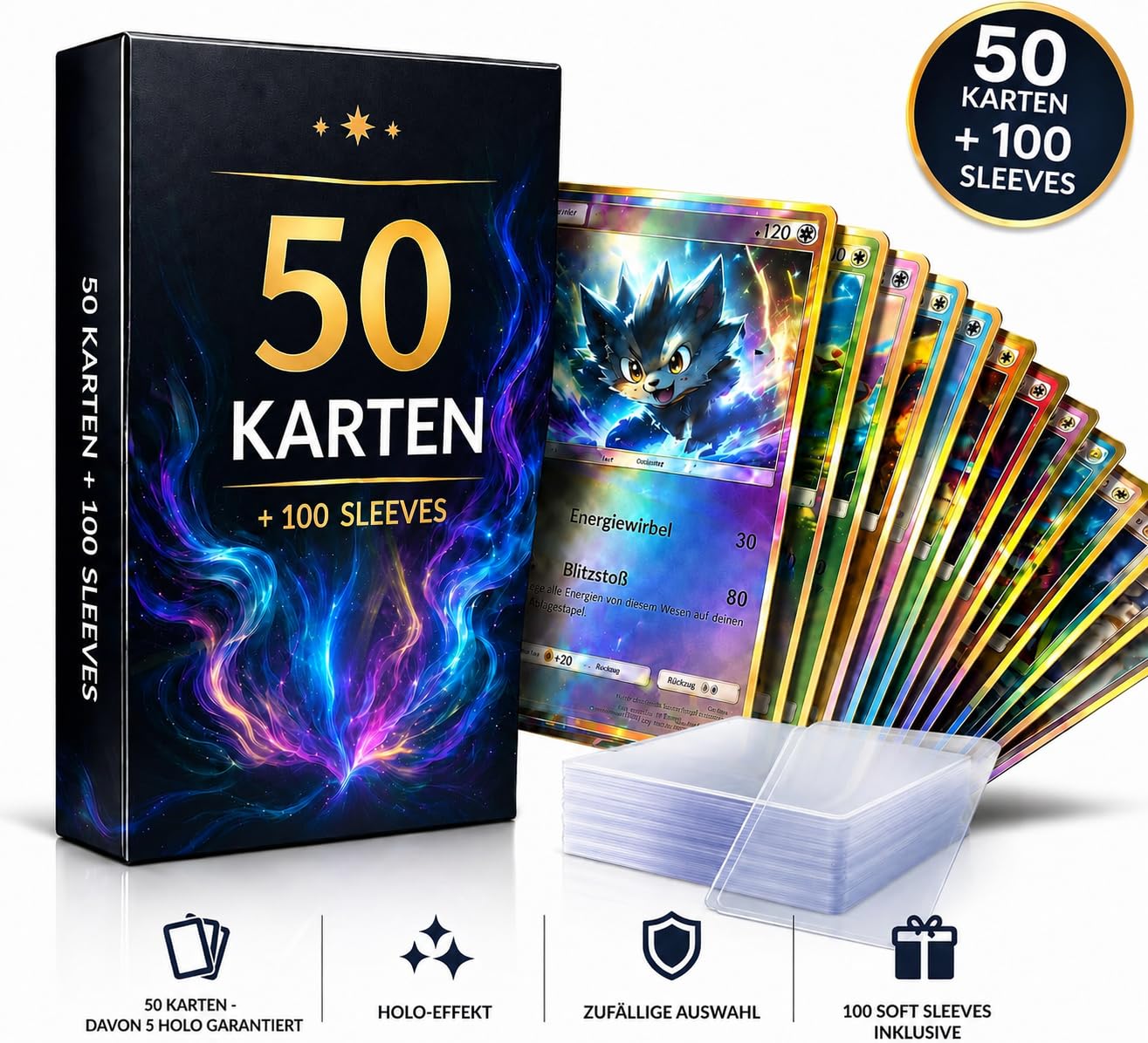50 Original Pokémon Karten Deutsch – garantiert 5 Holo + 100 Ultra Pro Soft Sleeves – Karten Set für Sammler & Kinder