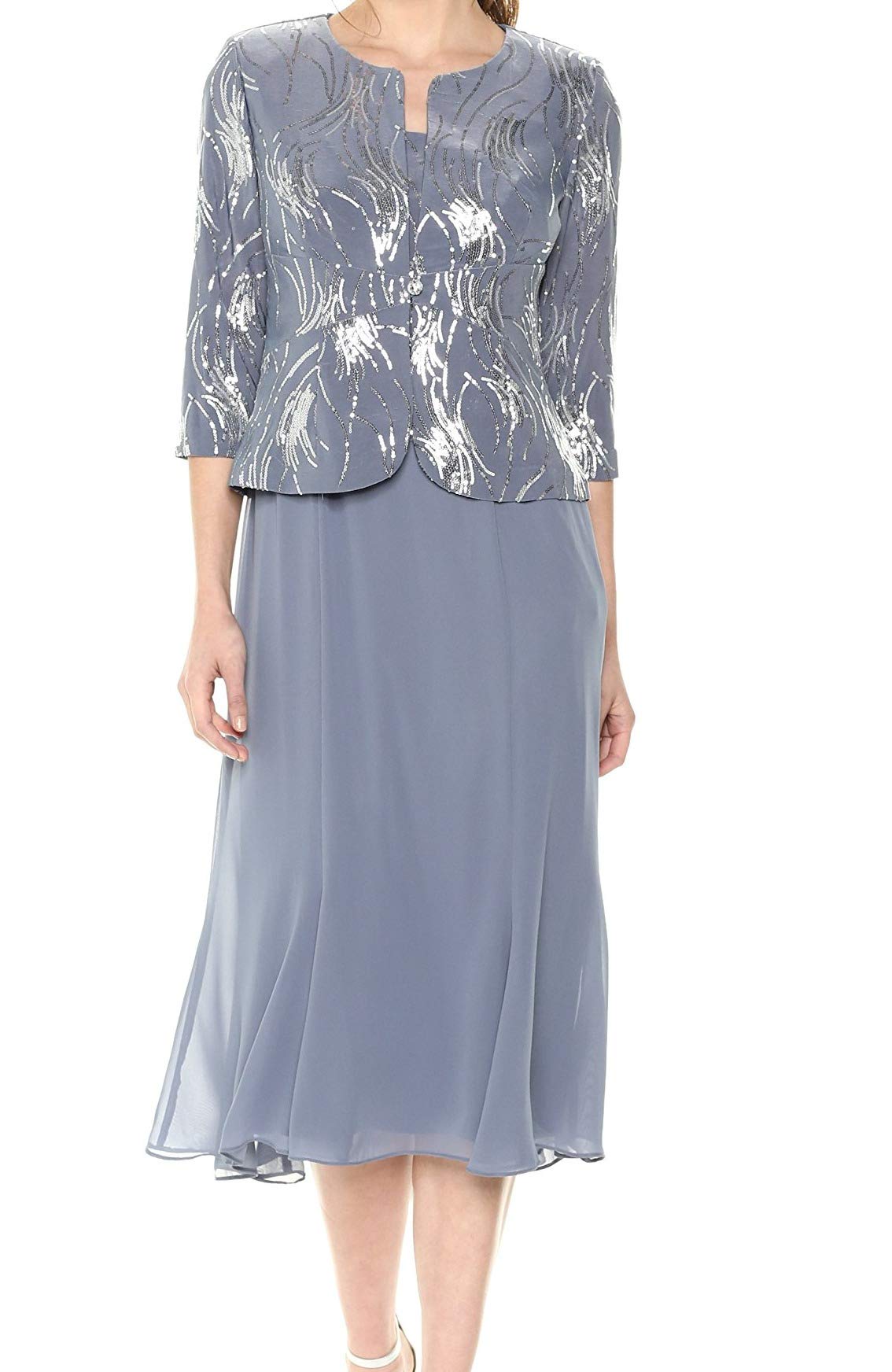 Photo 1 of Alex Evenings Women's Tea Length Mock Jacket Dress with Button Front 18 Steel Blue