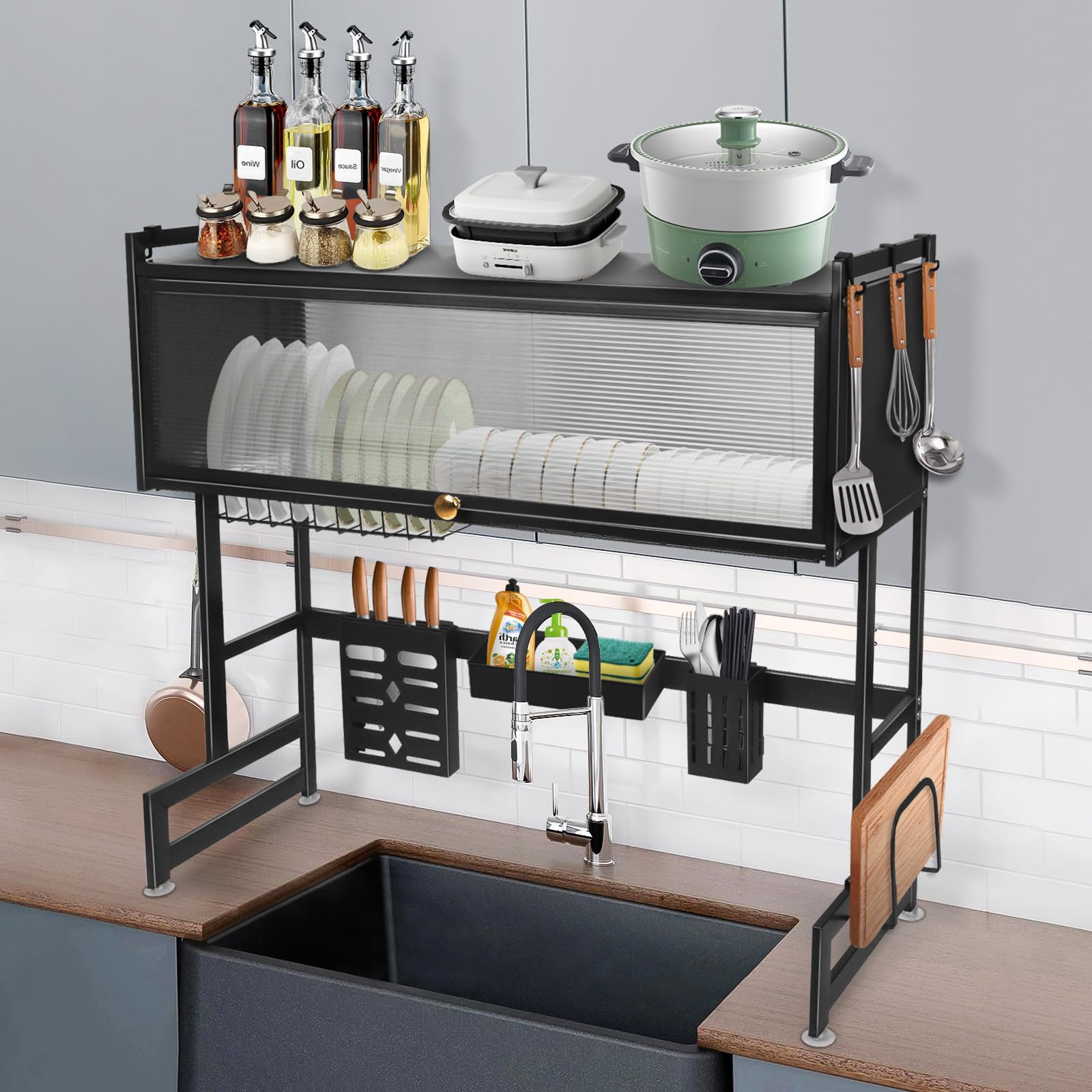 LANTUS Almacenamiento para fregadero, cocina, estante de secado/escurreplatos, acero inoxidable, con puerta, escurreplatos para escurreplatos, estante de almacenamiento grande, 85 x 30 x 78 cm, negro
