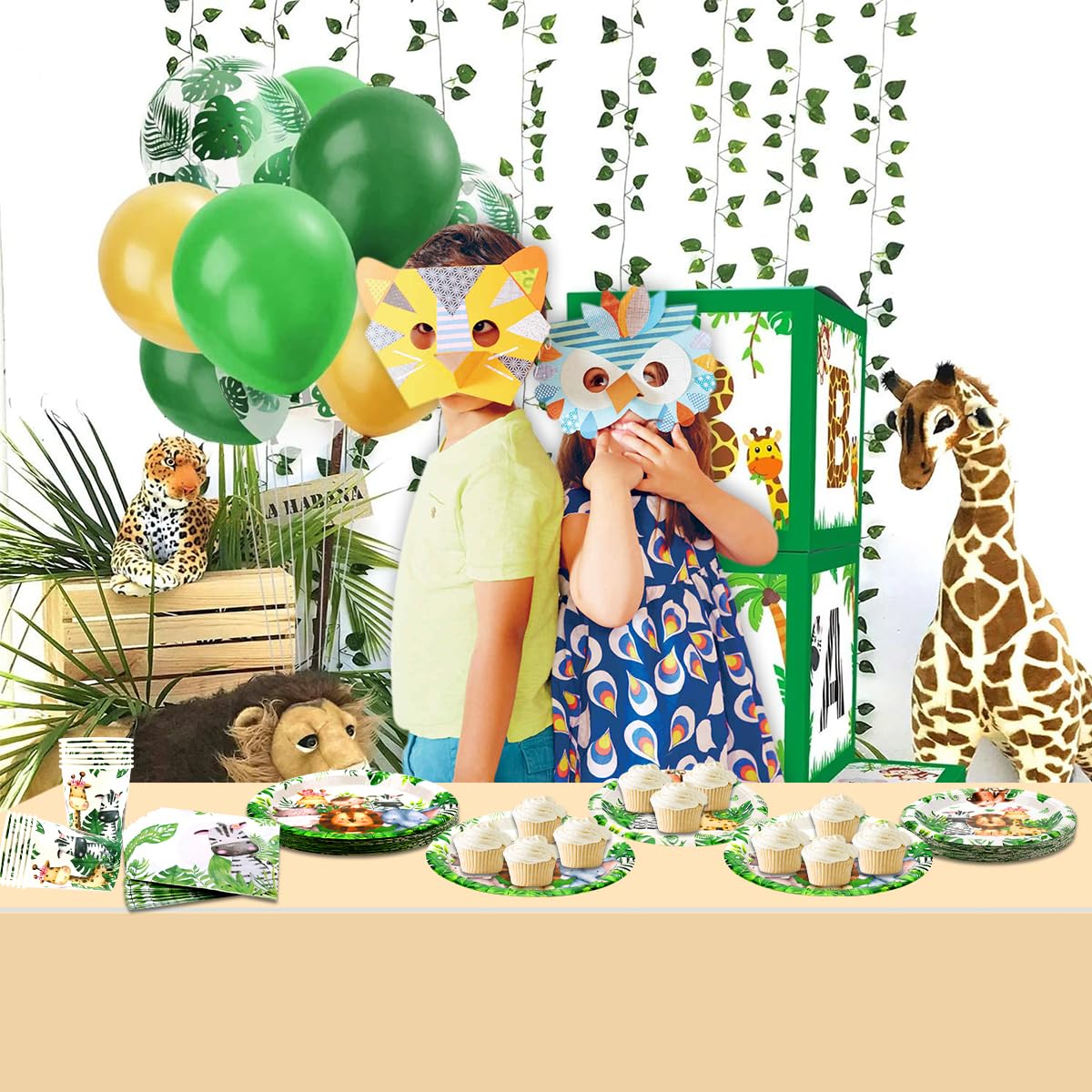 Safari Jungle Birthday Tableware Set - Decorazioni per il primo compleanno degli animali selvatici - 40 piatti piani, 40 bicchieri, 40 tovaglioli