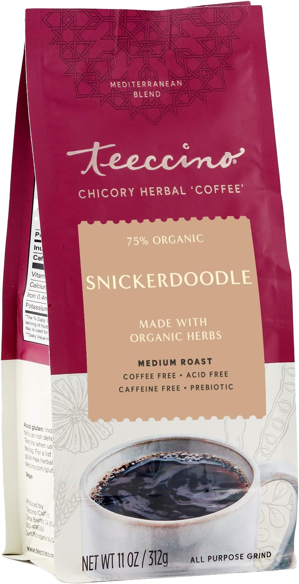 - Teeccino Snickerdoodle Chicory Coffee Alternative - Favorite Dessert Beverage That’s Prebiotic, Caffeine-Free & Acid Free, Medium Roast, 11 Ounce
