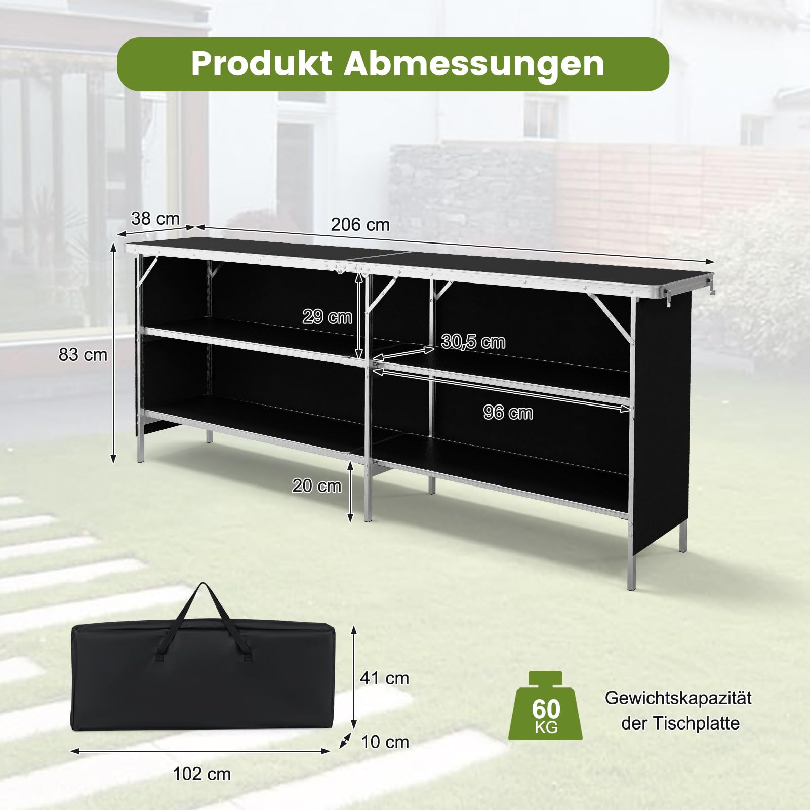 COSTWAY Campingschrank faltbar, tragbare Campingküche mit 2-stöckigen Regalen, Camping Faltschrank aus Aluminiumgestell, inkl. Tragetasche, für Picknick, Grillen, Partys, 206 x 38 x 83 cm