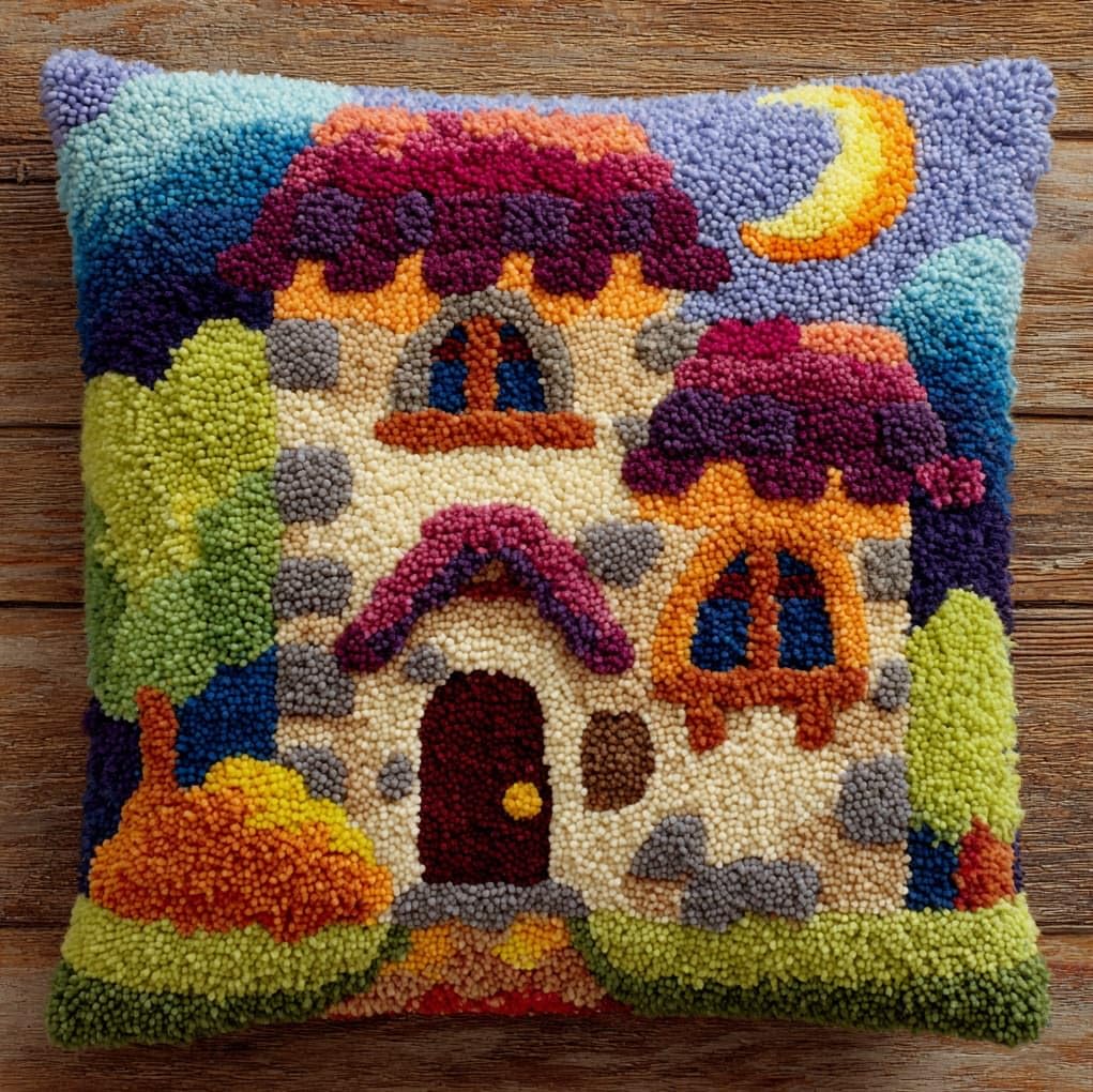 Wallustrioaw Cartoon Village Latch Hook Cushion Kits 17X17in,