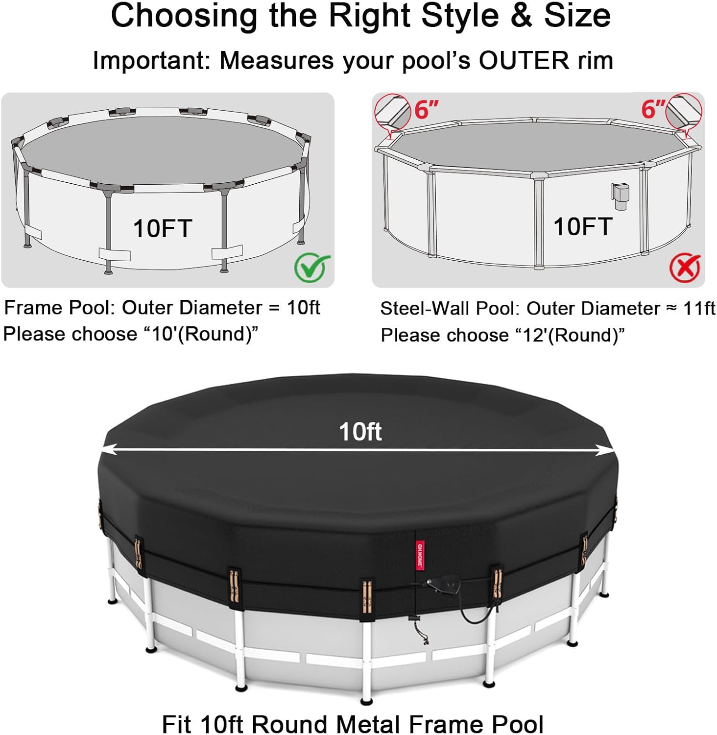 QH.HOME 10ft Round Pool Cover,[Ultimate Windproof & Tear-Resistant Fabric],Snug Fit with Patented Ratchet & Weight Rings,Solar Cover for Above Ground Pools, Blocks Leaves &Waterproof