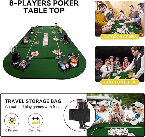 Miniatura 13 de YUZPKRSI Mesa de póquer 3 en 1, diseño de mesa de póquer Texas Hold'em con fieltro negro reversible, tapete plegable para dados de mesa de póquer