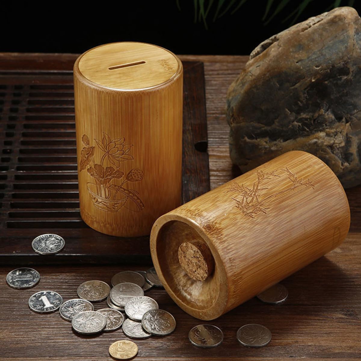 Bamboo Money Box -Vintage Chinese Style Piggy Bank for AdultsDesktop Coin Holder Savings Pot for Cash Storage and Home Decor