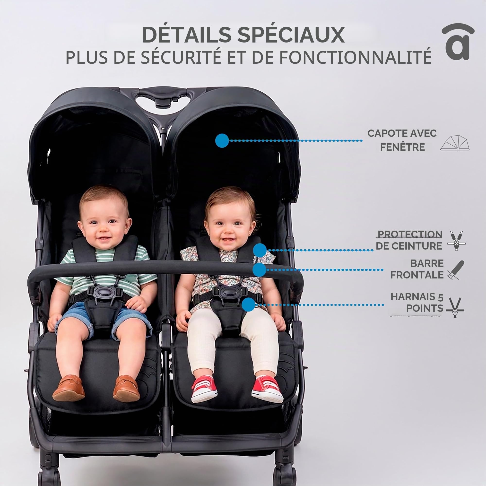 Poussette double pour jumeaux ou frères, légère, inclinable et pliable avec capotes et frein arrière - Asalvo DOUBLE HENRY Noir
