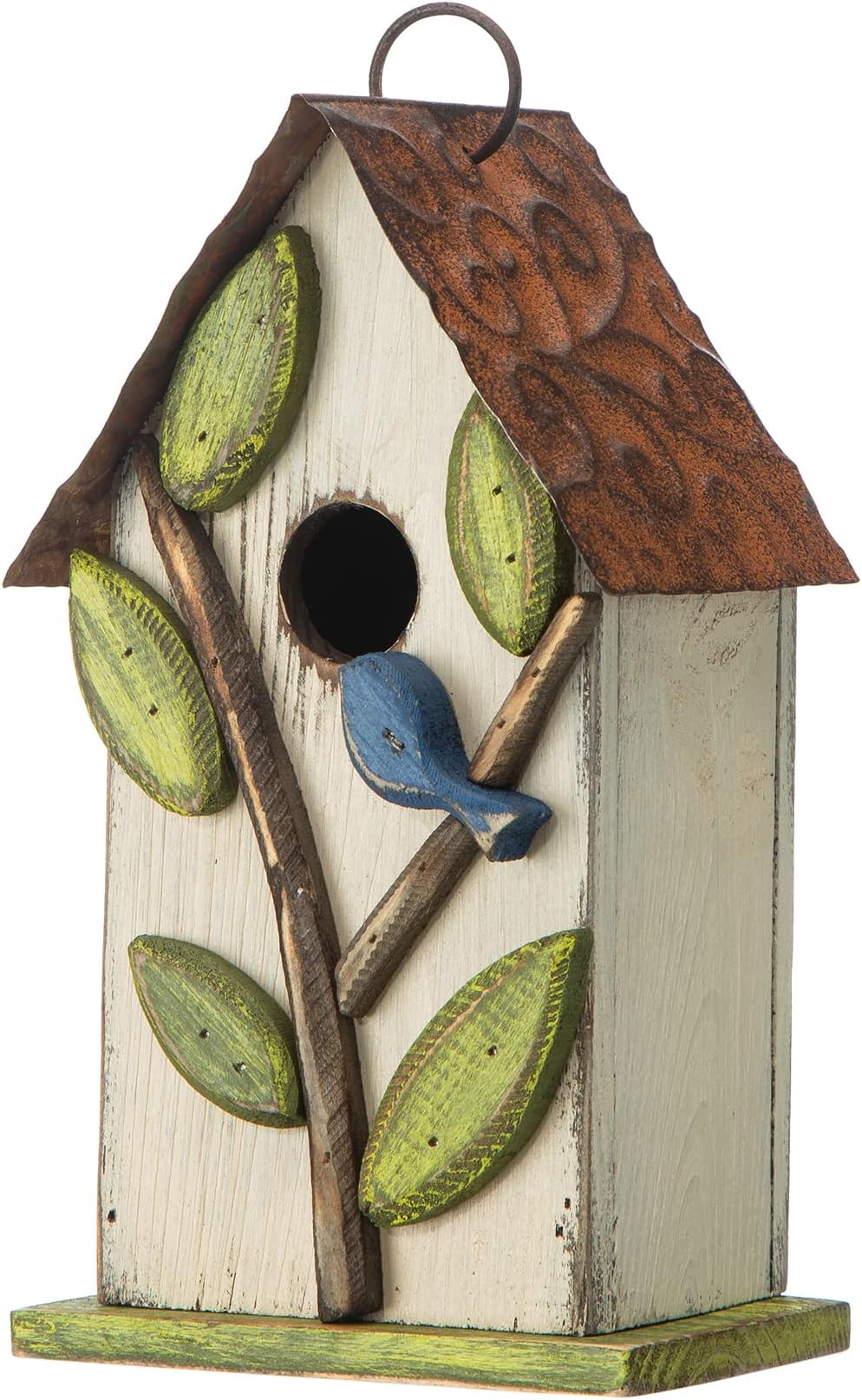 9.7" H Hanging Birdhouse for Outdoor Patio Garden Decorative Pet Cottage Distressed Wooden Bird House for Finch Swallow Wren Chickadee, Leaves Rustic White