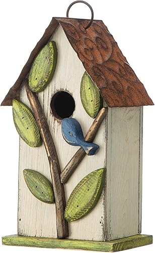 Miniatura 33 de Glitzhome Casas para pájaros para exteriores, casa de pájaros de madera maciza envejecida de gran tamaño de 15 pulgadas de largo con flores 3D