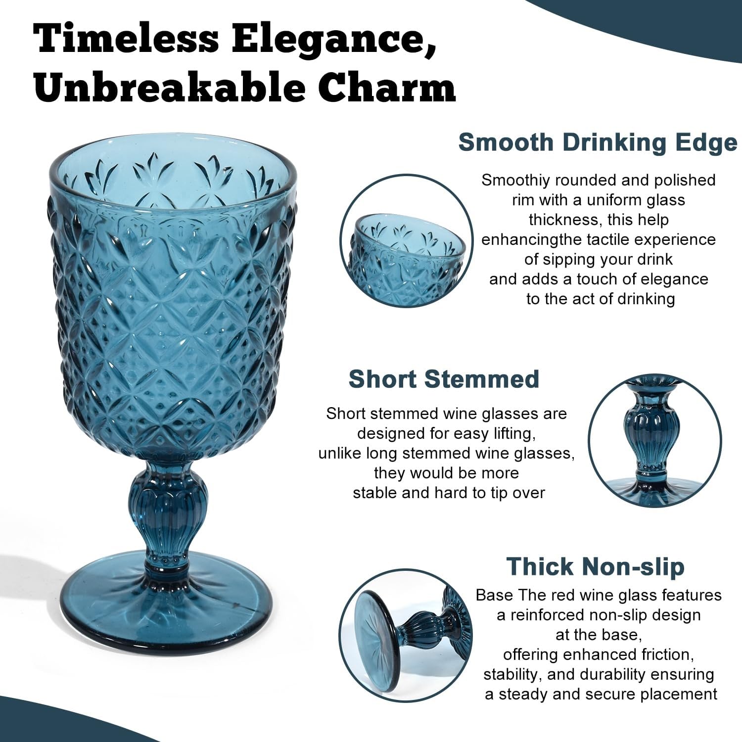 Blaue Weingläser im Vintage-Stil, 6 Stück, 340 ml, farbige Glaskelche mit geprägtem Blumenmuster, spülmaschinenfest for die Hochzeit, Party, Bar Getränkebecher