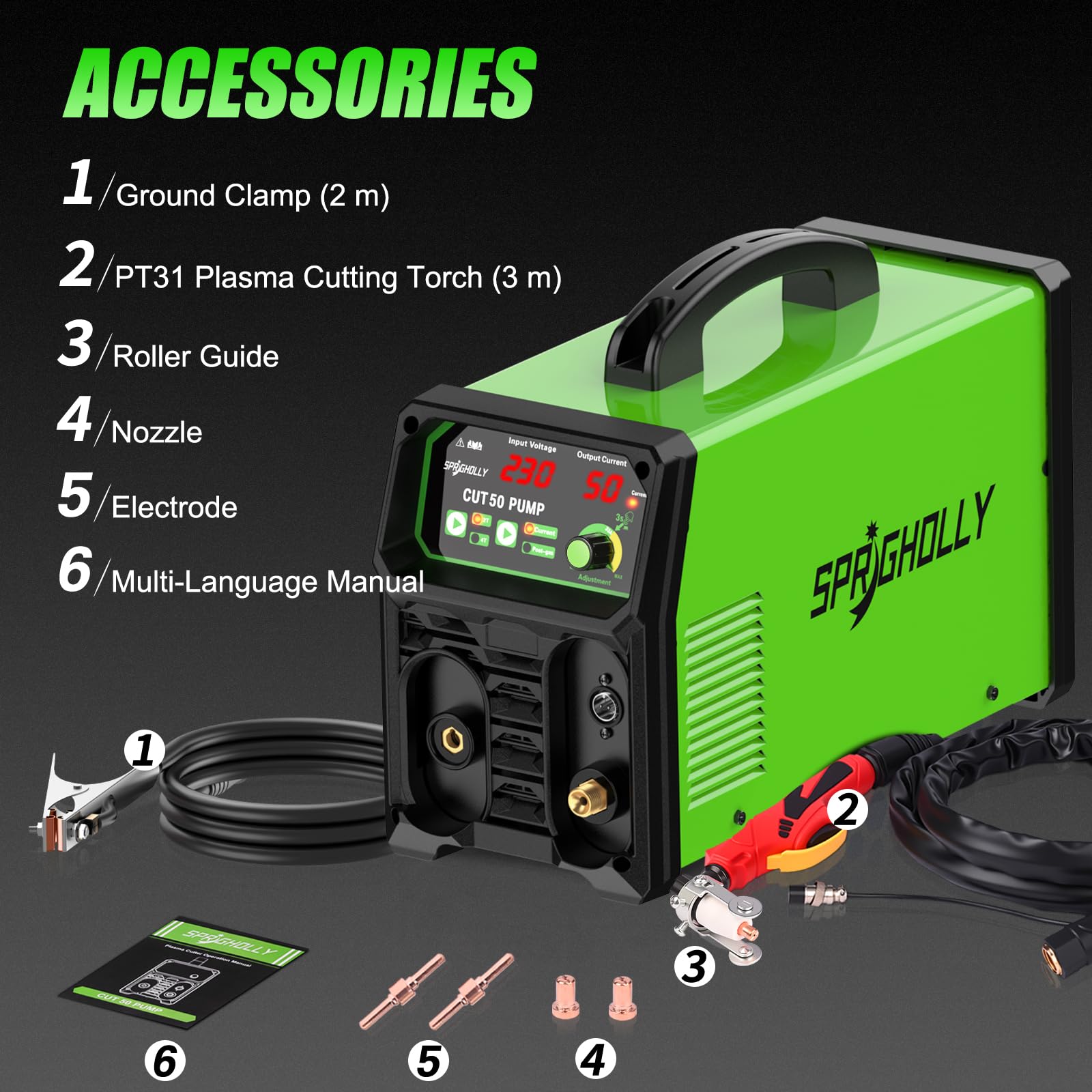 Taglierina al plasma con compressore e pompa d'aria integrati, inverter IGBT 50A digitale 230V, modalità 2T/4T, accensione HF, taglio max 12 mm, per metalmeccanica e hobbista