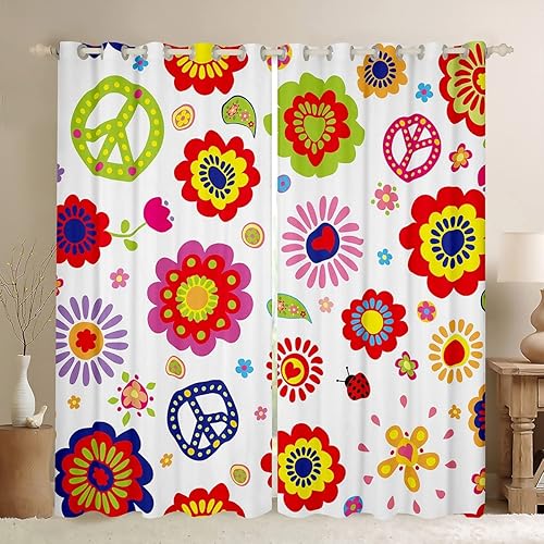 Miniatura 73 de Erosebridal Cortinas retro de los años 60 y 70 de 84 x 63 pulgadas, cortinas opacas rústicas de flores psicodélicas para hombre y mujer, diseño