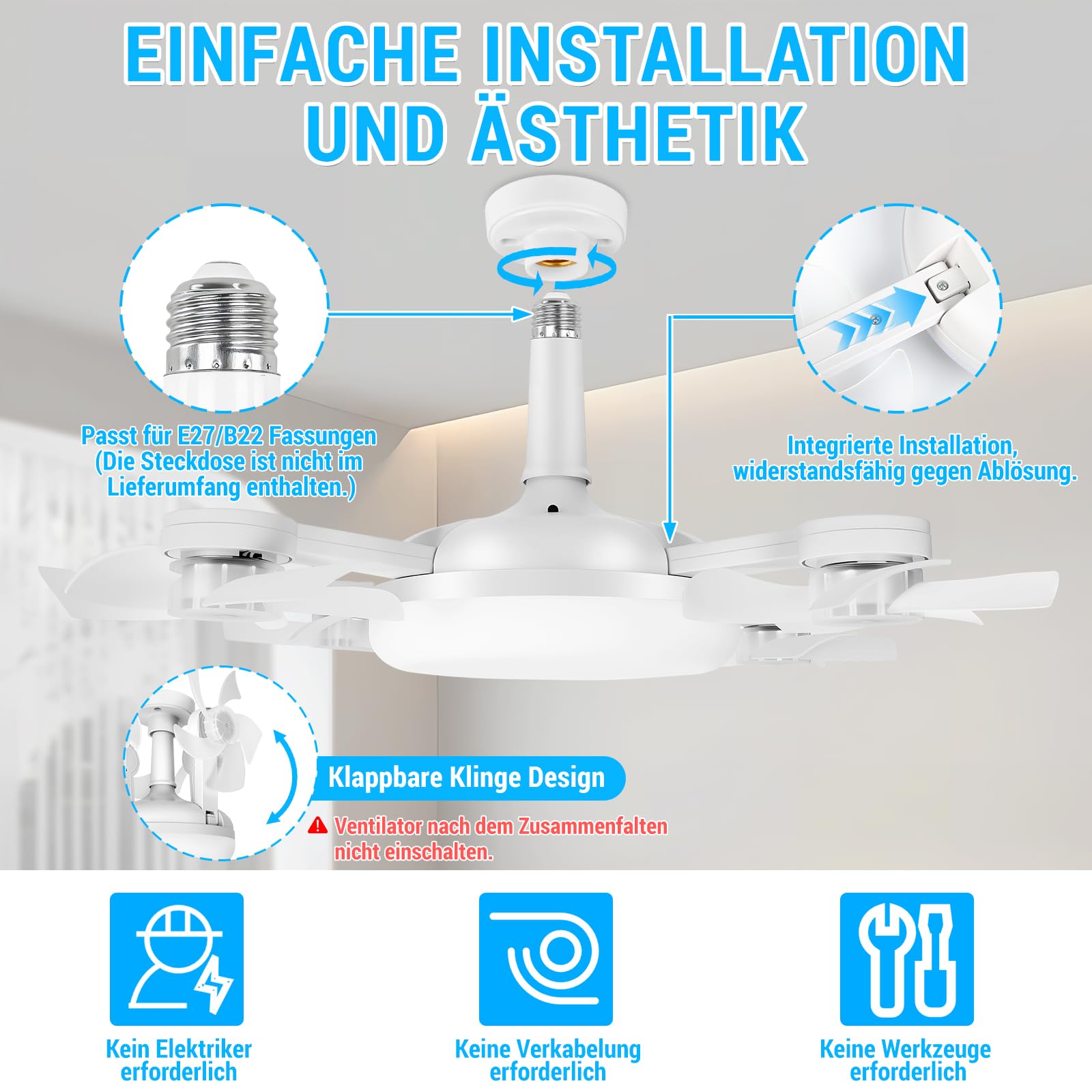Deckenventilator mit Beleuchtung, 50CM Faltbarer Lampe mit Ventilator, Timer- und Speicherfunktion, Leiser LED Deckenleuchte mit Ventilator und Fernbedienung, 3 Windstufen & 3 Farbtemperatur