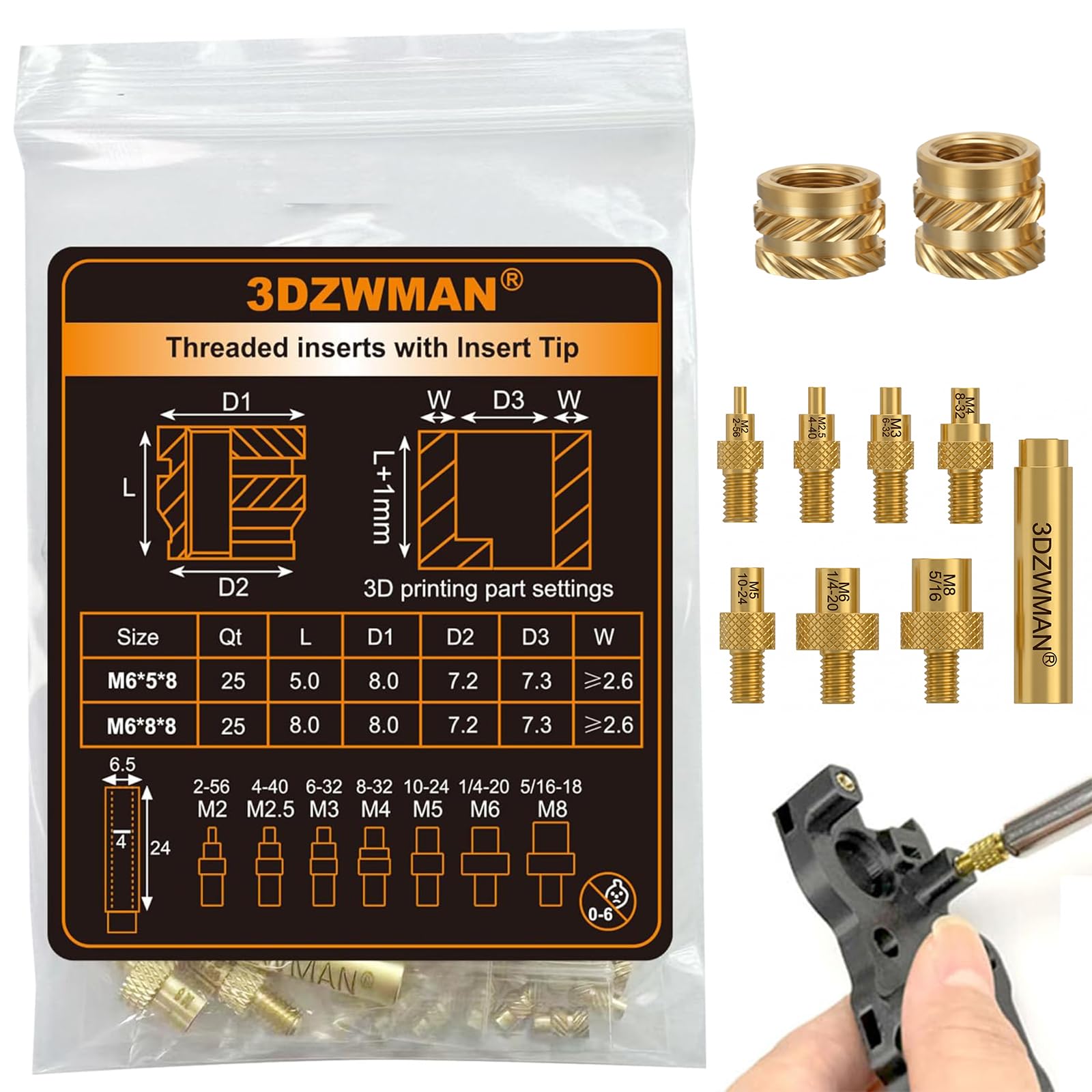 3DZWMAN 50PCS M6 Threaded Inserts Nuts for 3D Printed and Plastic Parts — image 1