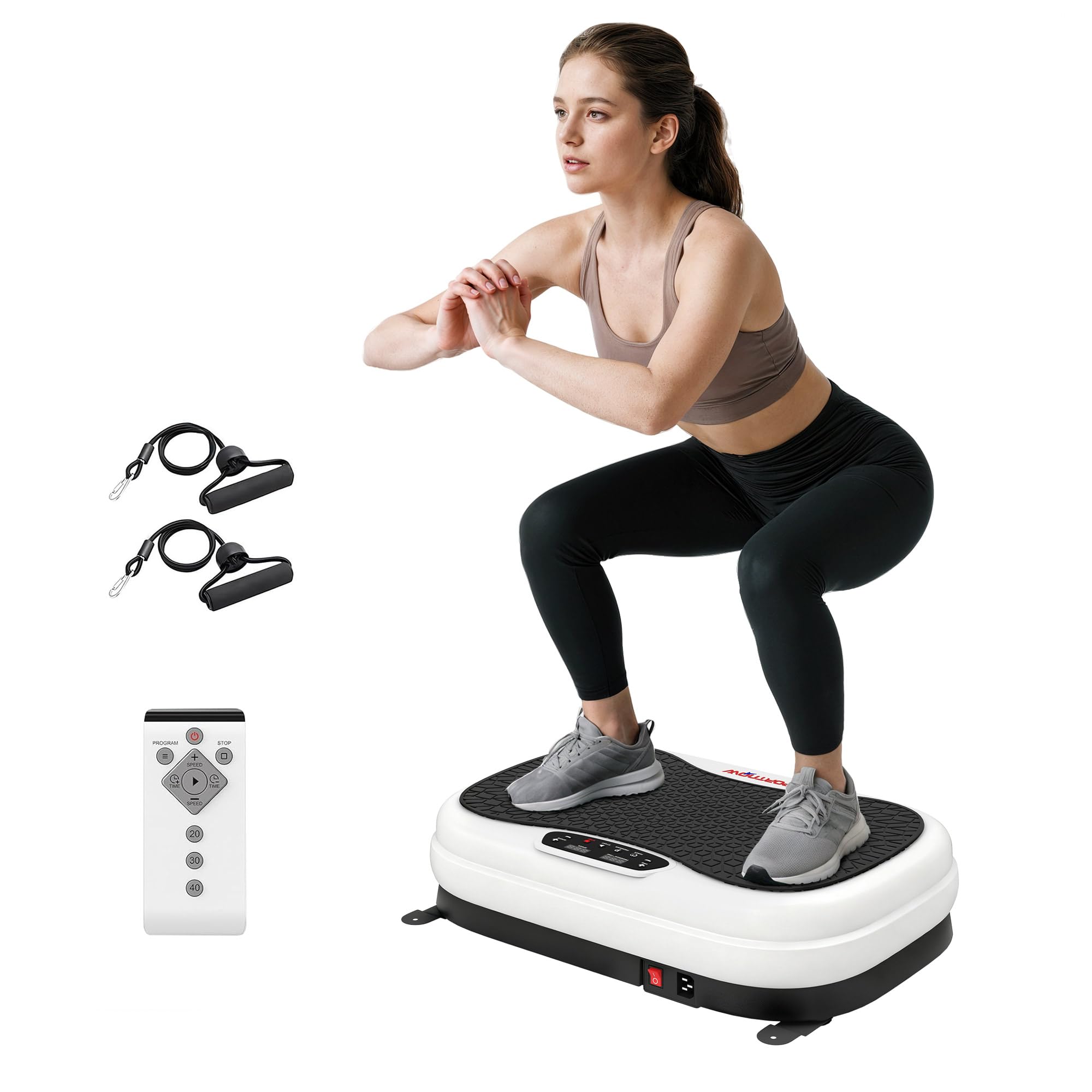 SPORTNOW Plataforma Vibratoria, 50 Velocidades 3 Programas, Plataforma Vibración Muscular con Pantalla LED, Mando a Distancia, Bandas Elásticas, para Entrenamiento Corporal Completo, Ejercicio en Casa