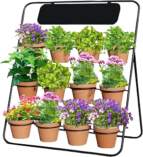 Flower Display Stand with Blackboard & 12 pcs Buckets , 3 Layers Metal Flower Cart, Plant Holder Rack for Indoor, Outdoor Patio Garden, Living Room, Florist, Ideal for Flower Shops