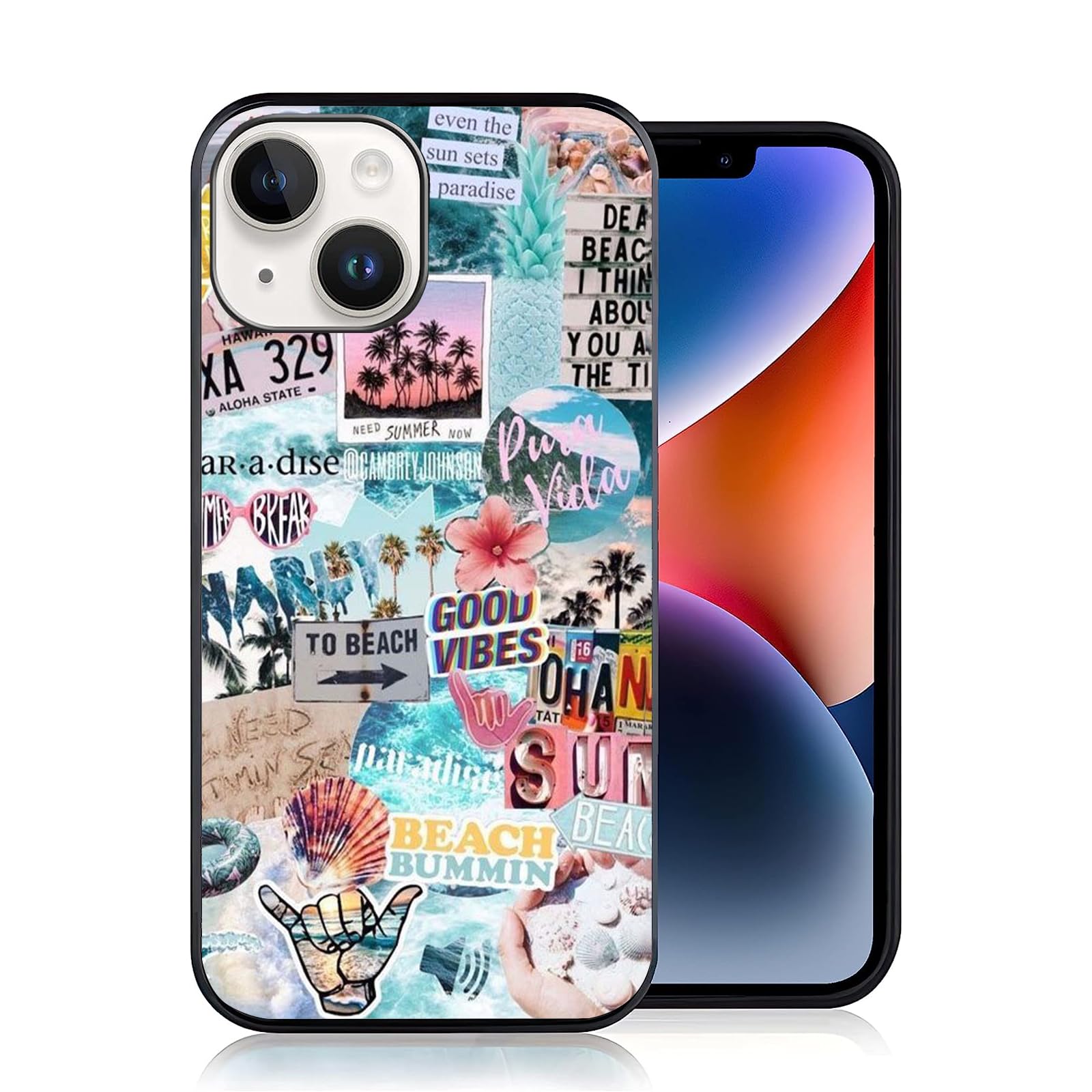 OUYAGAOYUAN Compatible with iPhone 15 Case,Vintage Vibe Collage Aesthetic Retro Beach Seashells Palm iPhone Case Slim TPU Shockproof Protective Cover
