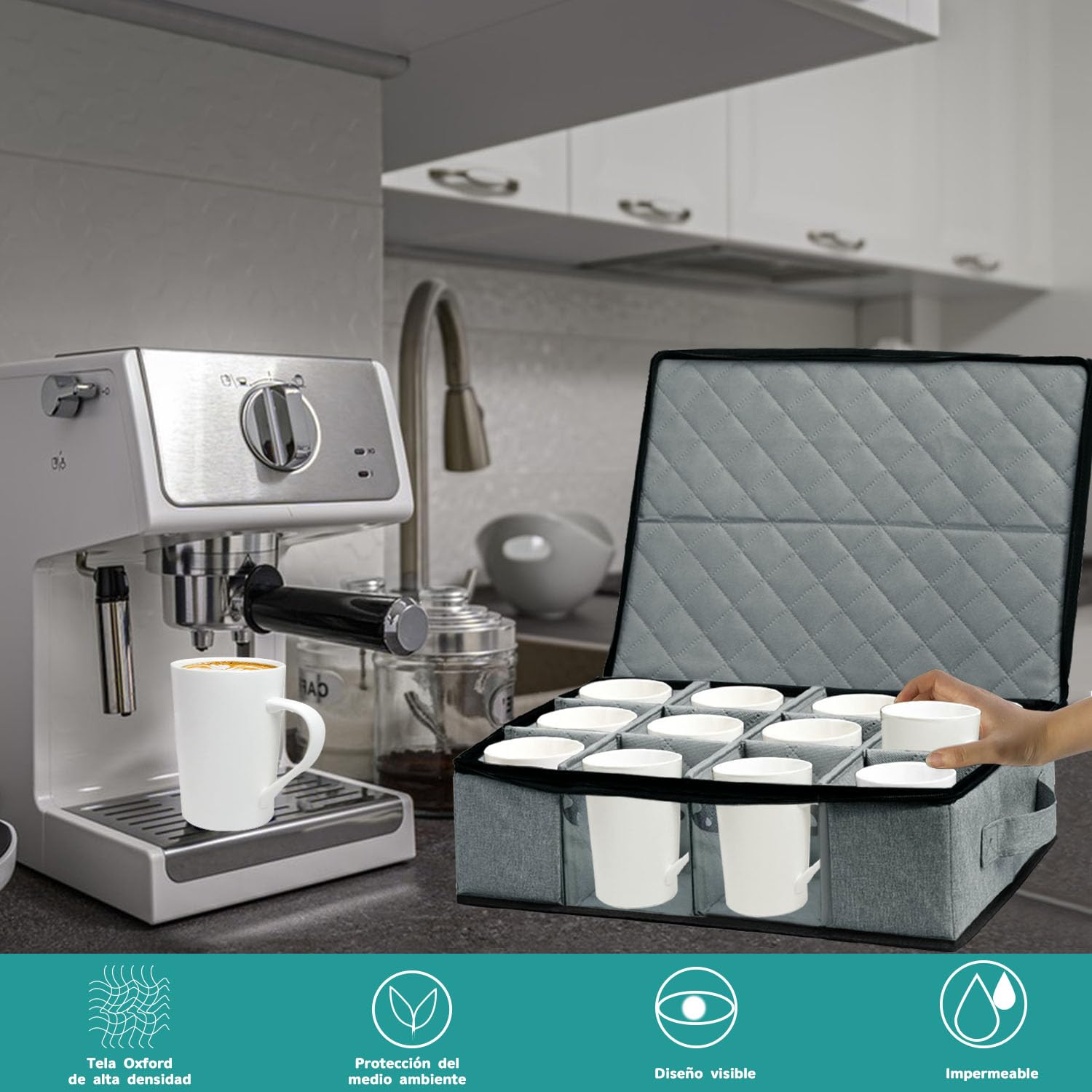 Boczif Aufbewahrungsbox für Kaffeetassen, Aufbewahrungsbehälter für 12 Gläser, Kaffeebecher und Teetassen, gepolsterter Geschirrkoffer mit Trennwänden für Teller, Tassen und Besteck