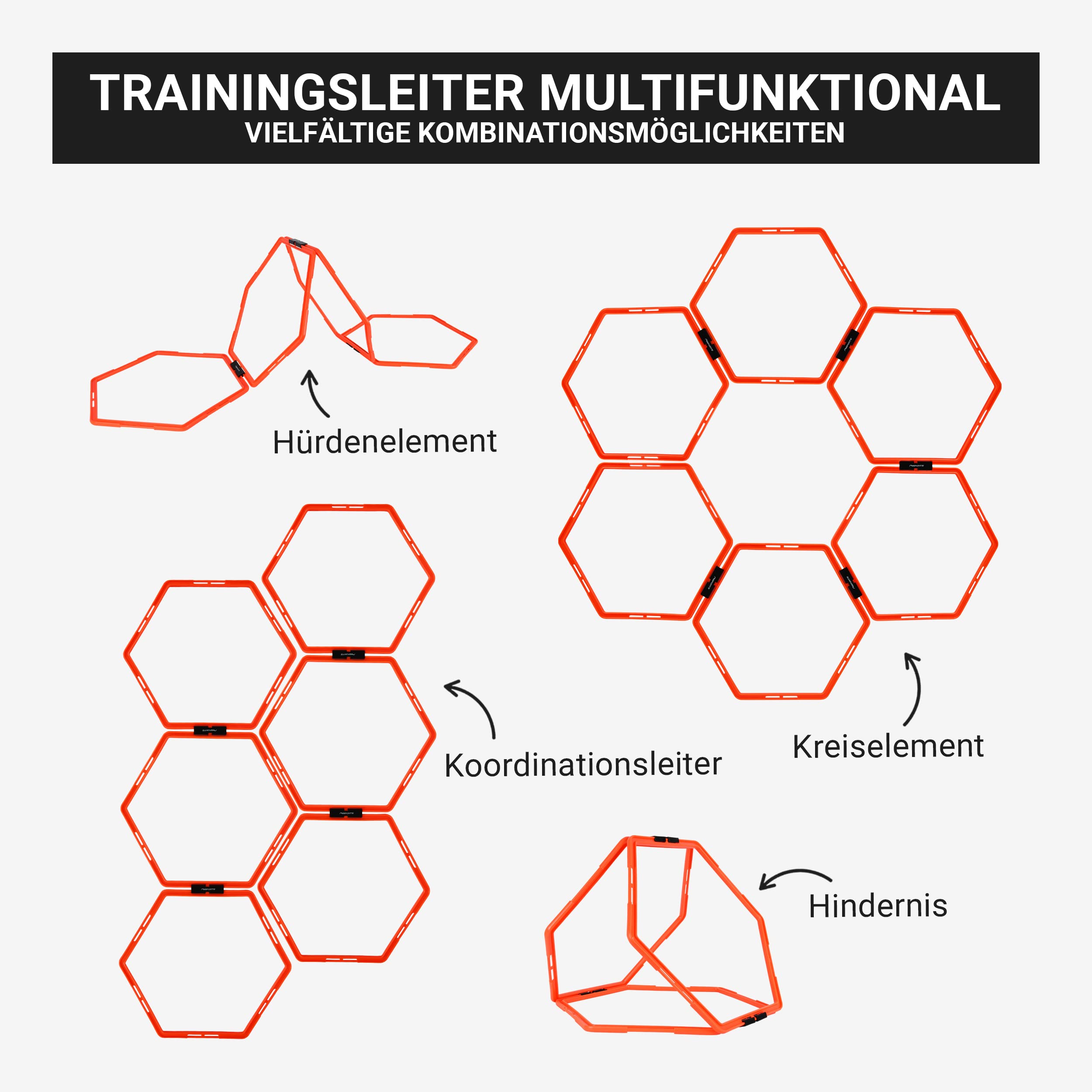 MSPORTS Koordinationsleiter Professional Multifunktional, 6X Hexagon-Elemente als Agility-Leiter u. Hürden kombinierbar Trainingsleiter Fußball Koordinationstraining Leiter